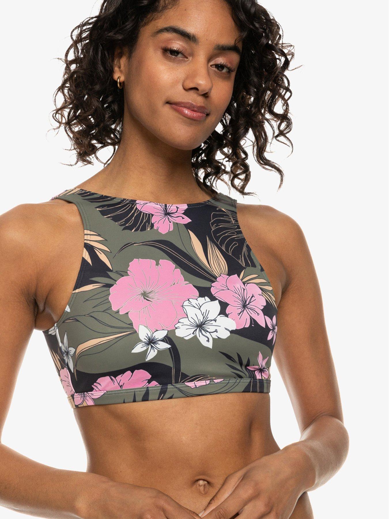 undefined Women's Roxy Pro The Pop Up Crop Top Bikini Top - Black Print