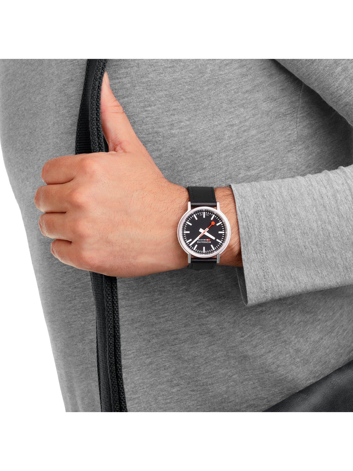 Mondaine Stop2Go Black Dial - grape leather | Very.co.uk