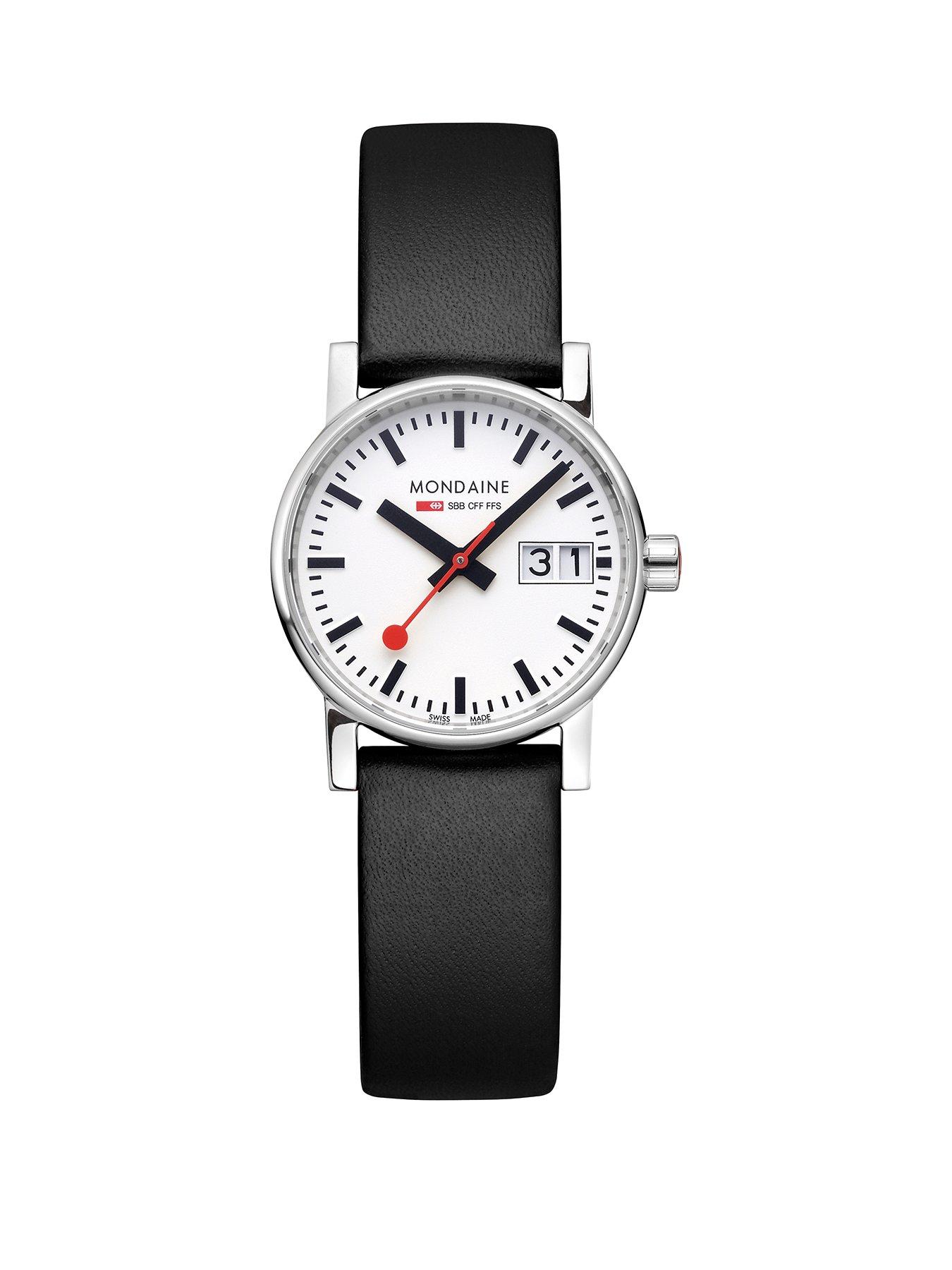 Product photograph of Mondaine Evo2 30mm Big Date White Dial Black Grape Leather Strap from very.co.uk