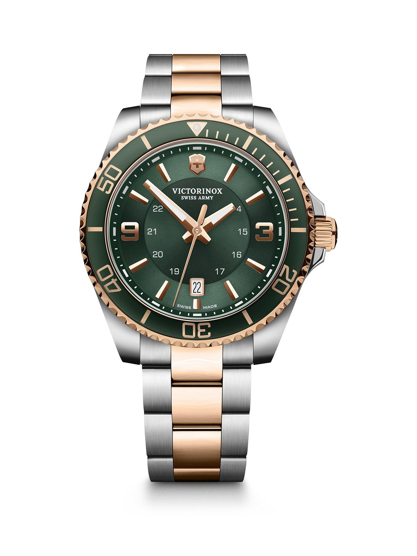 Product photograph of Victorinox Maverick 43 Silver Rose Gold Tow-tone Stainless Steel Case Green Stainless Steel Bezel Green Dial Silver Rose Gold Bracelet from very.co.uk