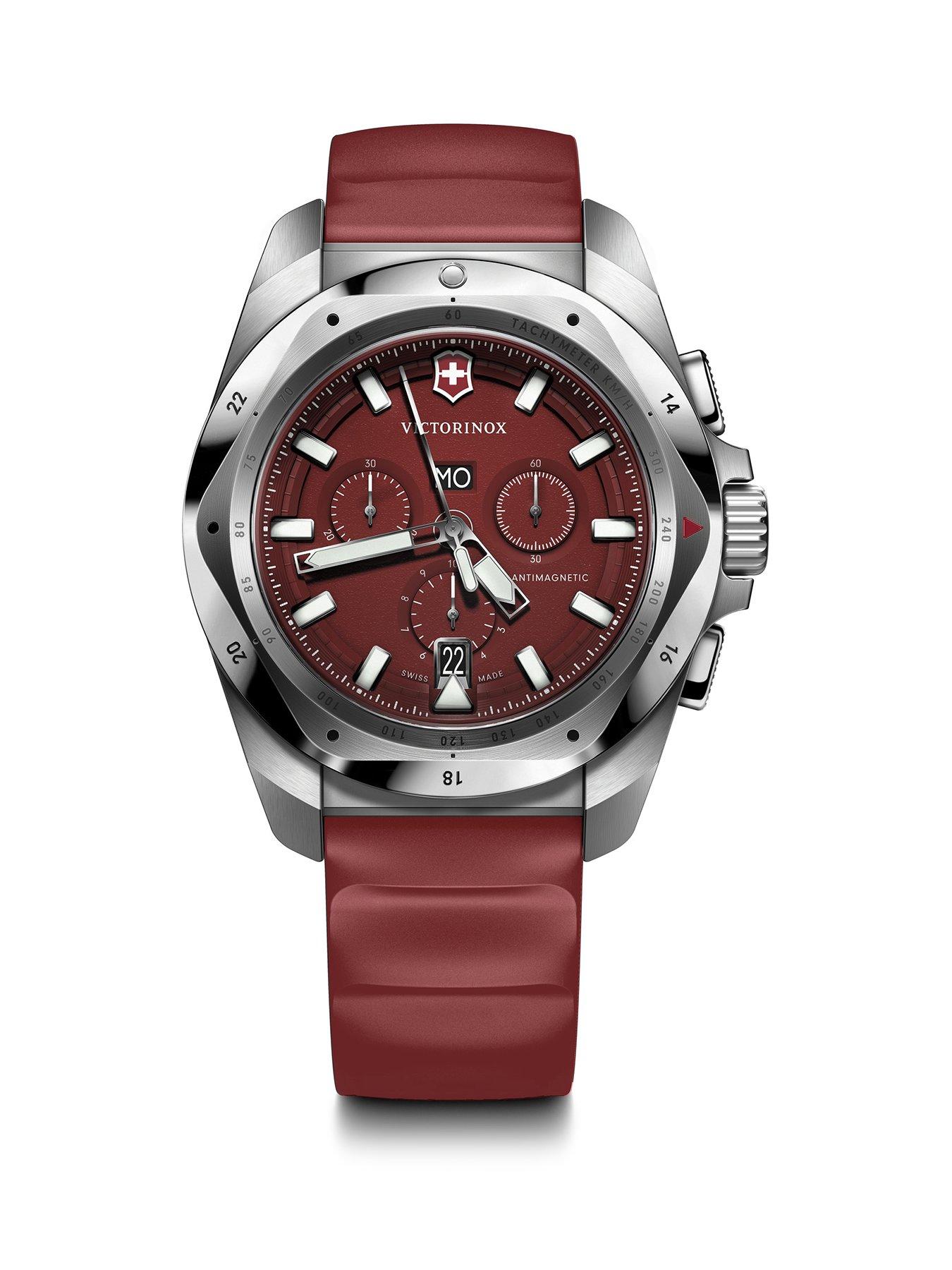 Product photograph of Victorinox I N O X Chrono 43 Silver Stainless Steel Case And Bezel Red Dial Red Rubber Strap from very.co.uk