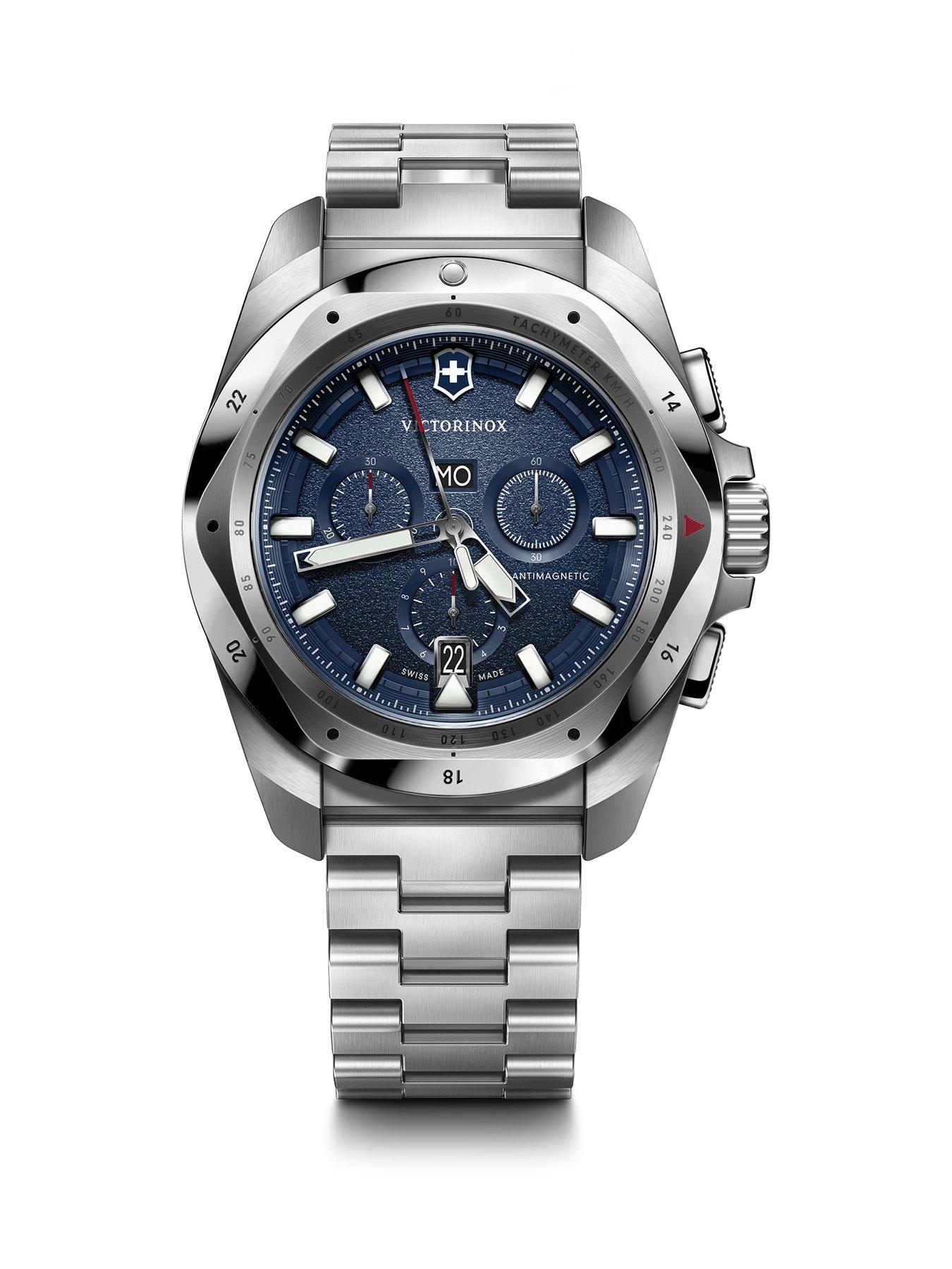 Victorinox I.N.O.X Chrono 43, silver stainless steel case and bezel, blue dial, silver stainless bracelet