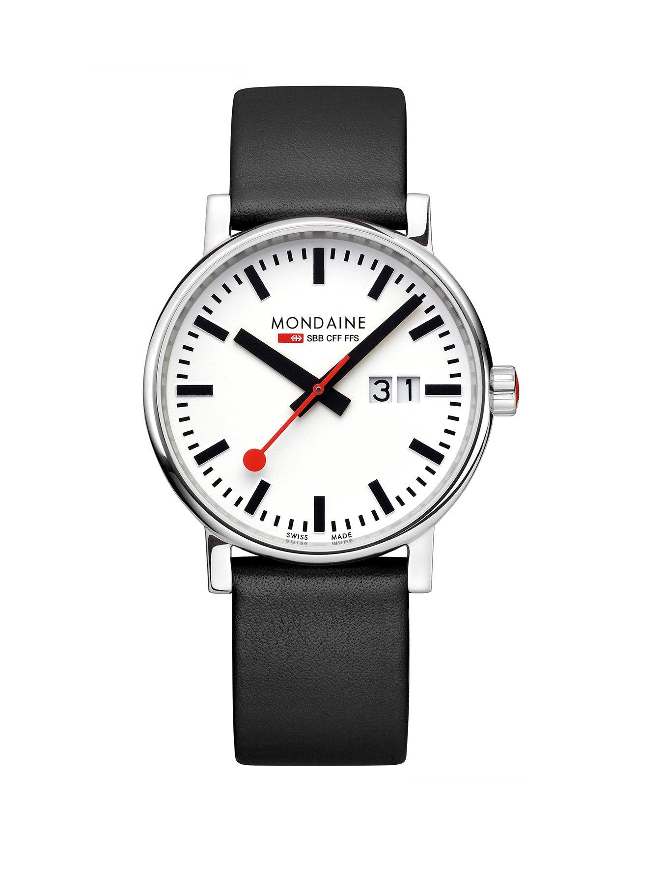 Product photograph of Mondaine Evo2 40mm Big Date White Dial Black Grape Leather Strap from very.co.uk