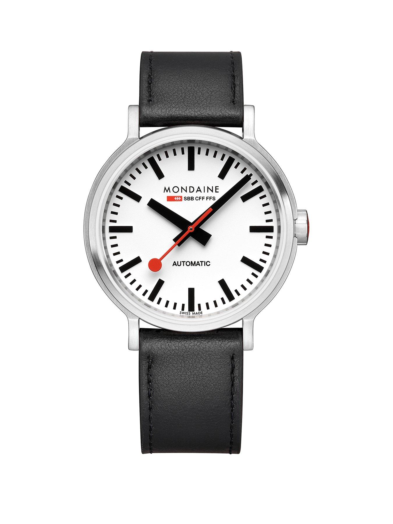 Product photograph of Mondaine Original Automatic 41mm White Dial Black Grape Leather from very.co.uk