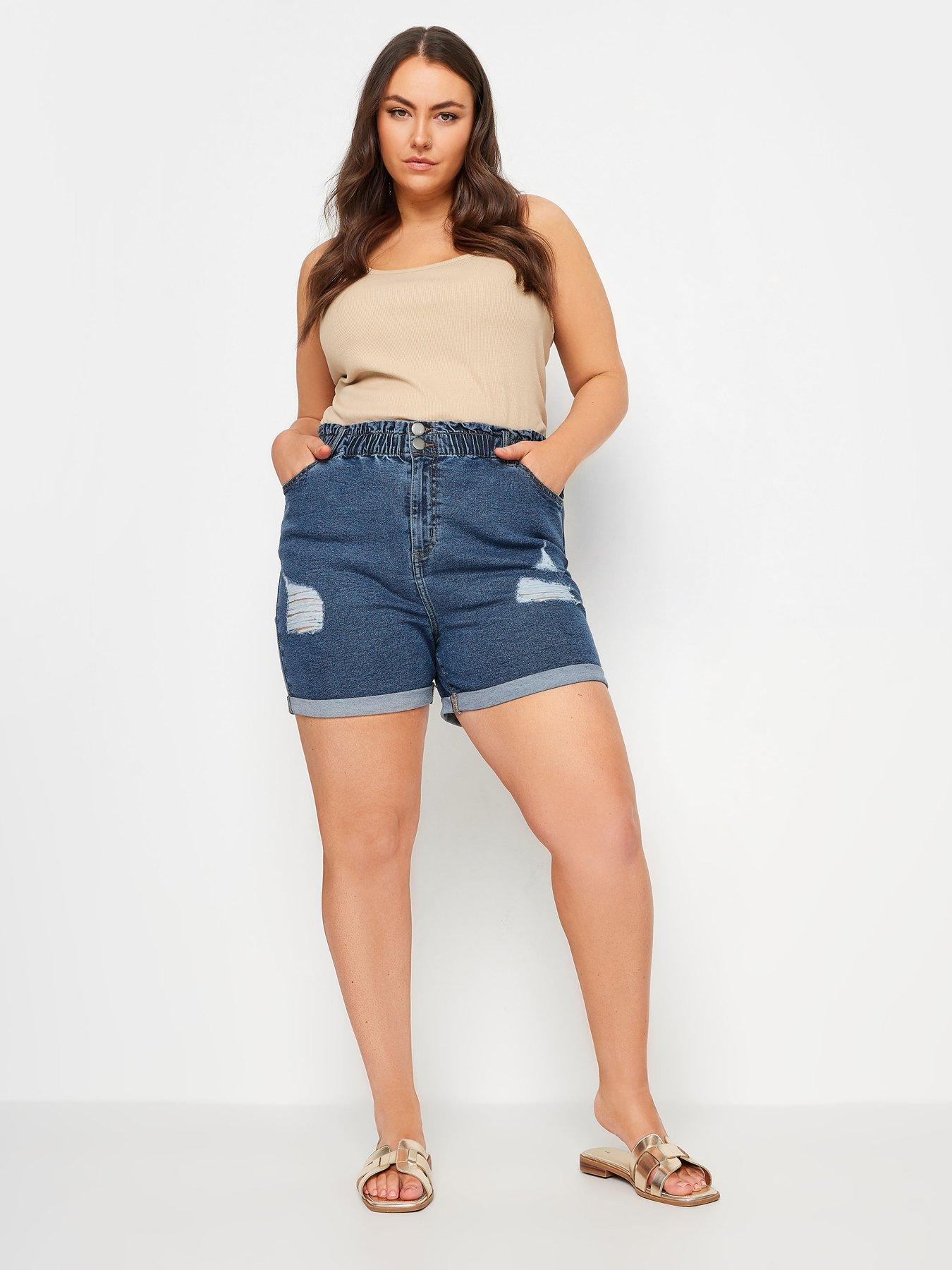 Yours Curve Denim Elastic Waist Short Ripped Mid Blue | Very.co.uk