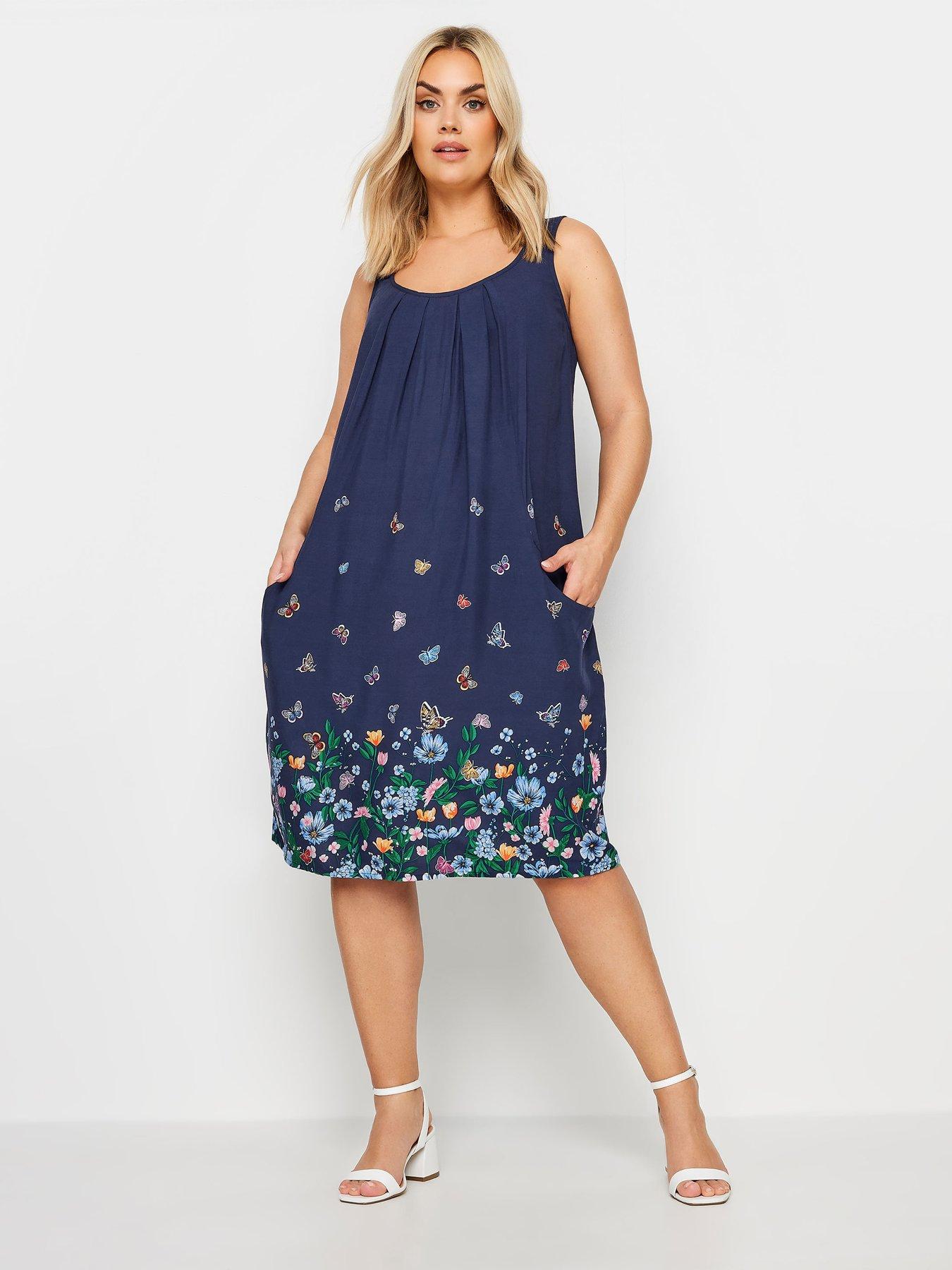 Yours Curve Butterfly Border Drape Pocket Dress. Navy | Very.co.uk