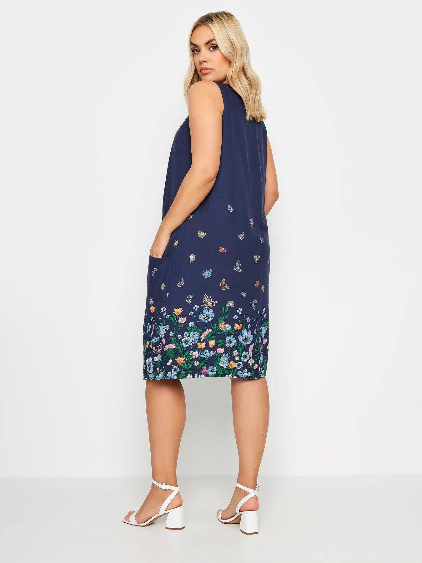 Yours Curve Butterfly Border Drape Pocket Dress. Navy | Very.co.uk