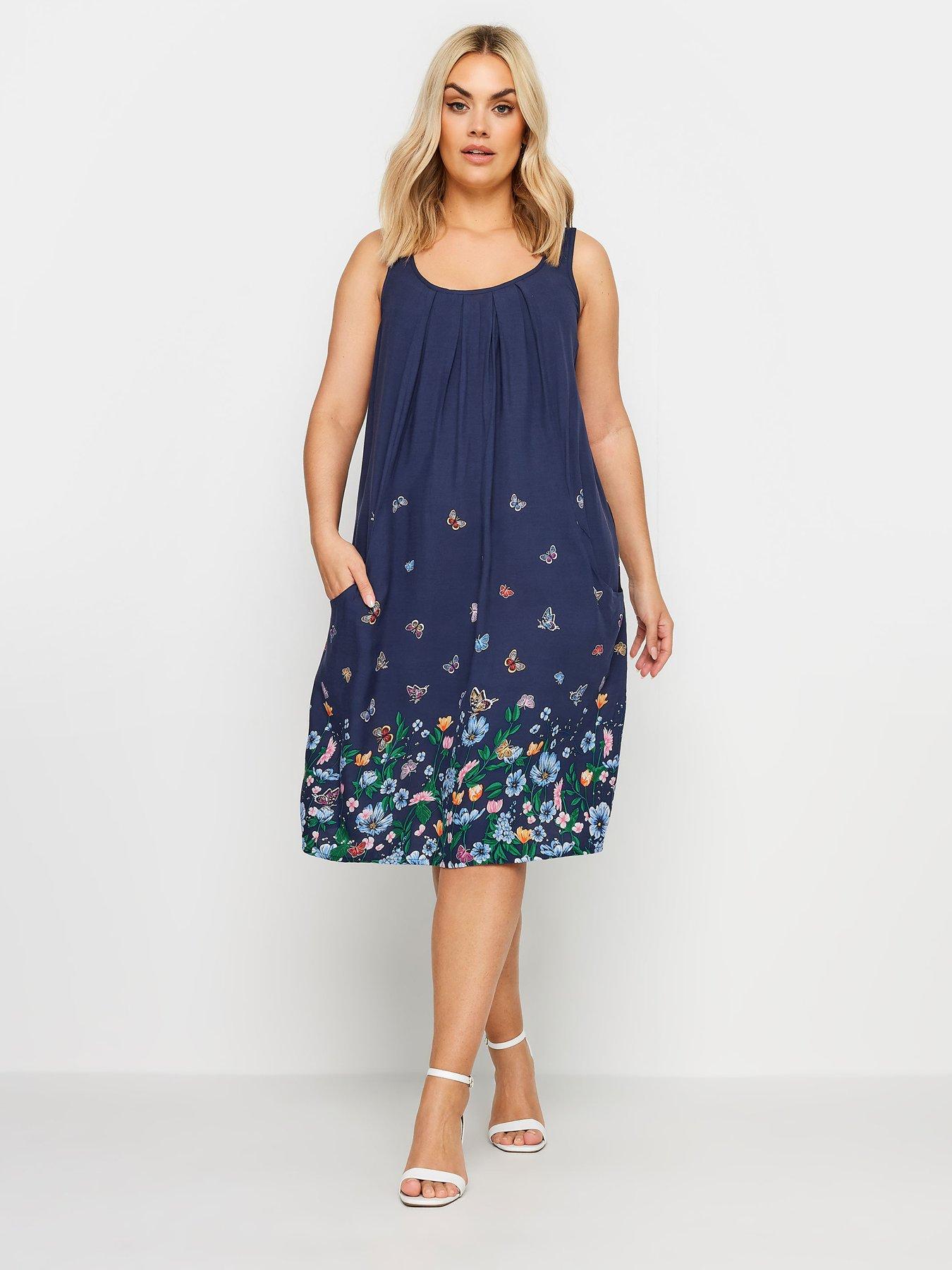 Yours Curve Butterfly Border Drape Pocket Dress. Navy | Very.co.uk