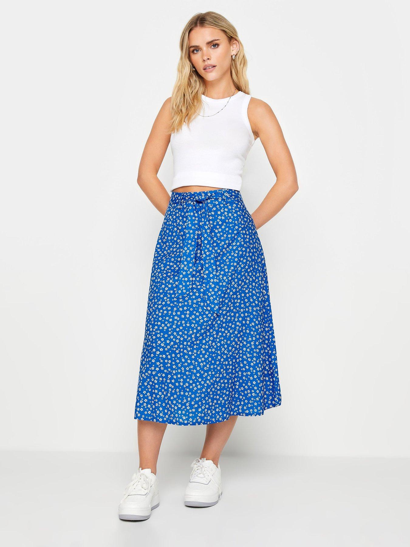 PixieGirl Petite Blue Ditsy Belted Midi Skirt | Very.co.uk