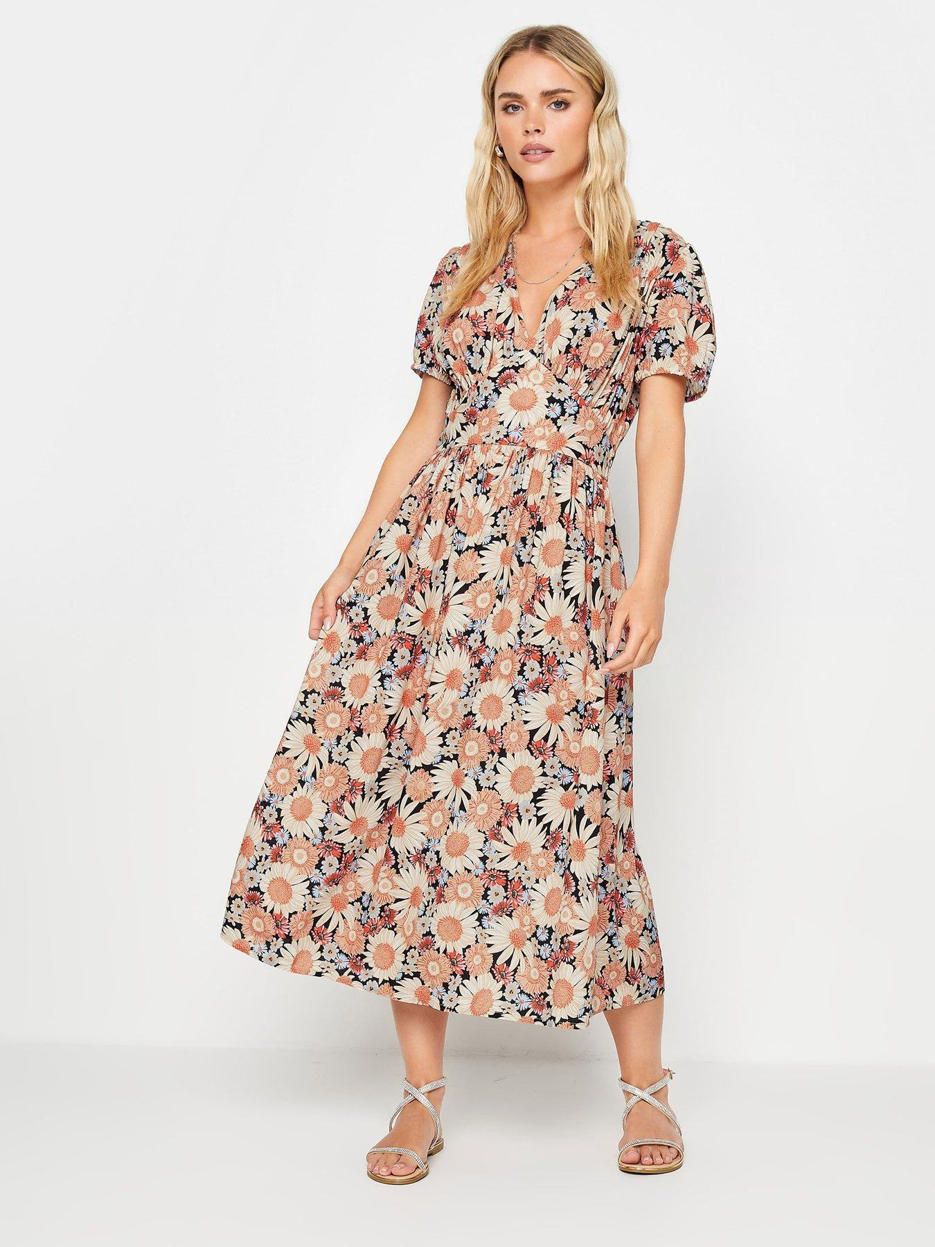 Petite Orange Floral Ss Midi Tea Dress