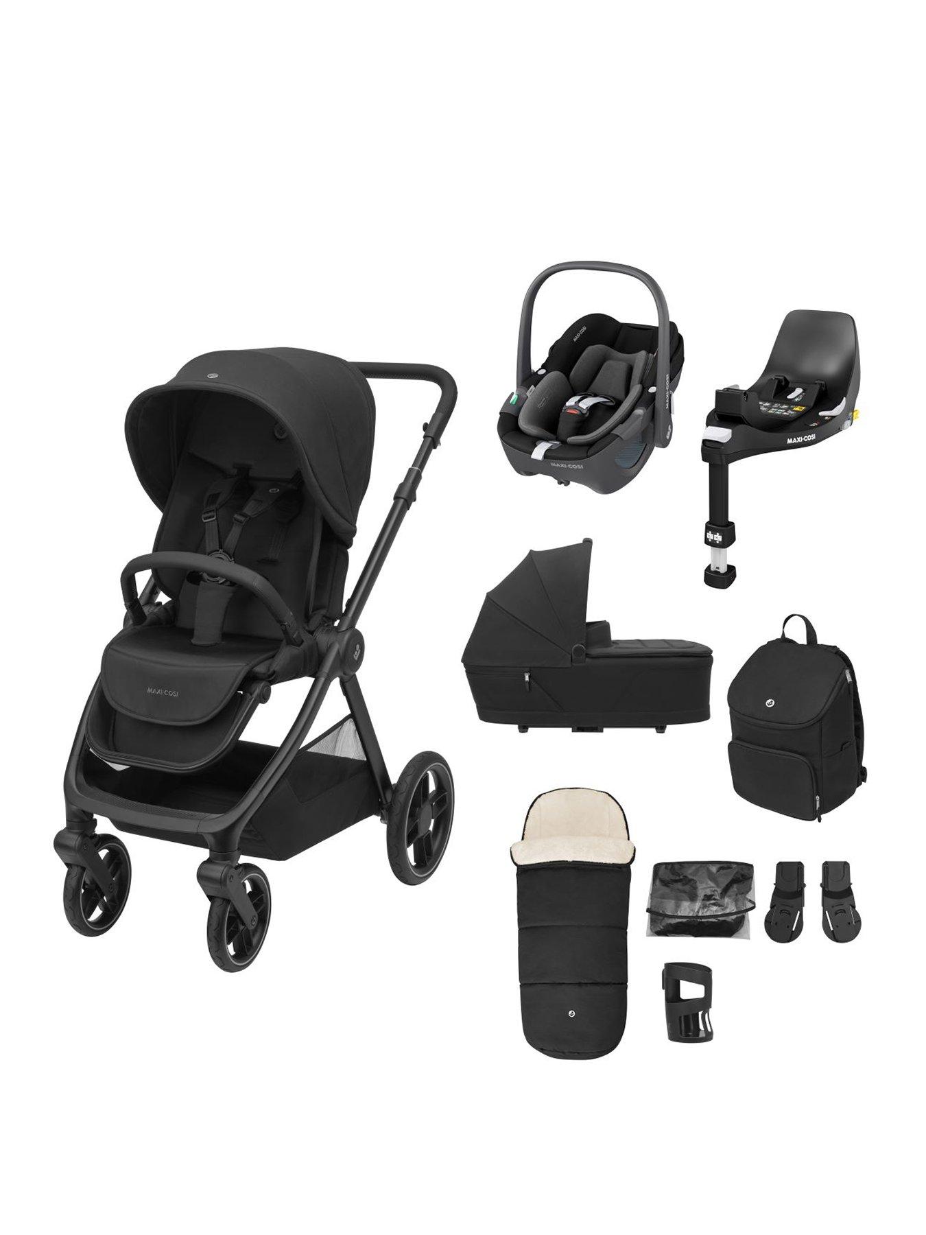 Maxi-Cosi Oxford 9 Piece Complete Travel System Twillic Black (Stroller Carrycot Back Pack Footmuff Cupholder Adapers Raincover Pebble 360 & Familyfix 360 Base