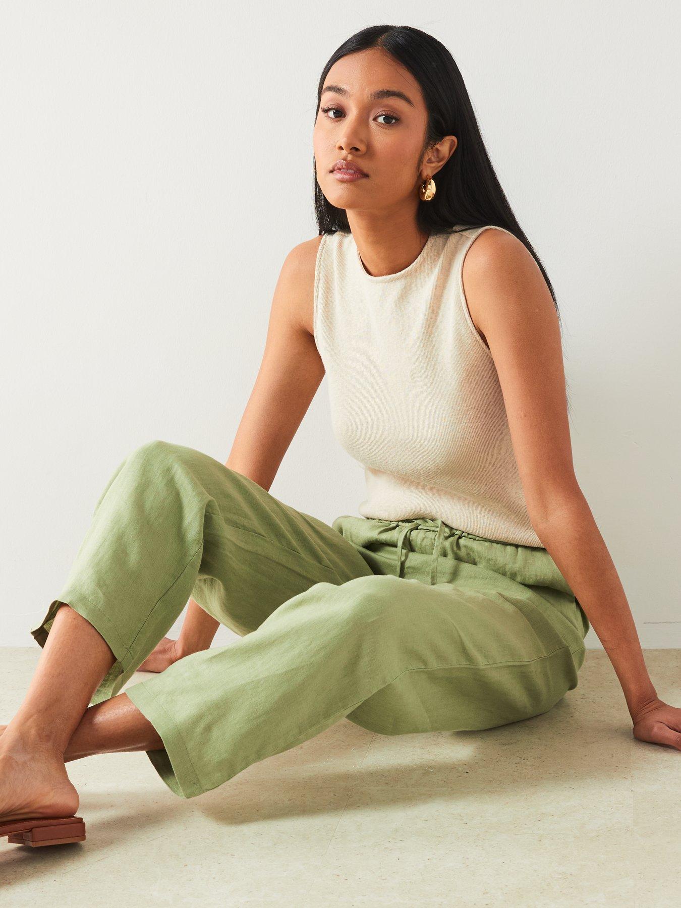 Mango Linen Cropped Straight Trousers Khaki Very