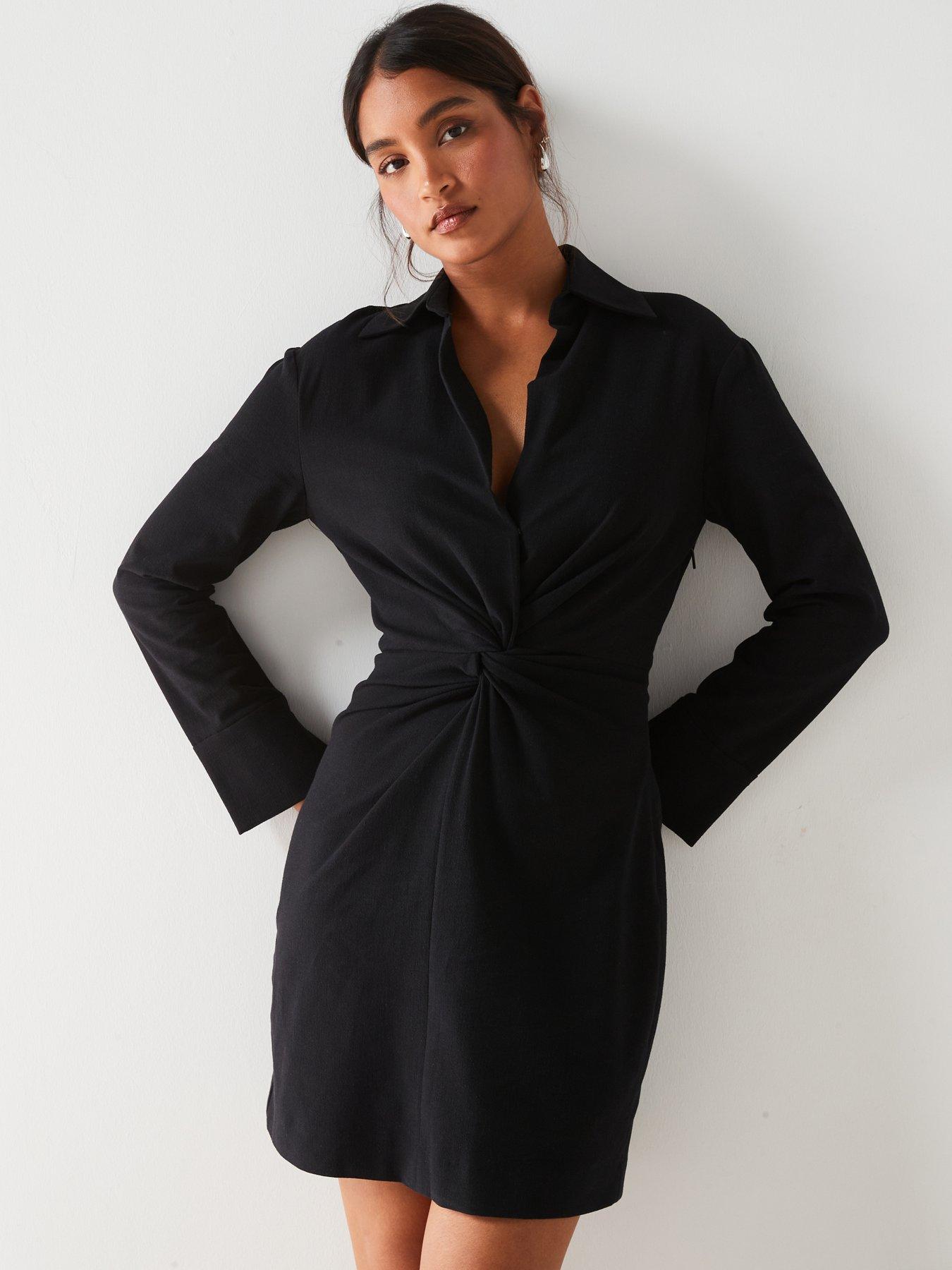 undefined Black Shirt Collar Knot Front Mini Dress