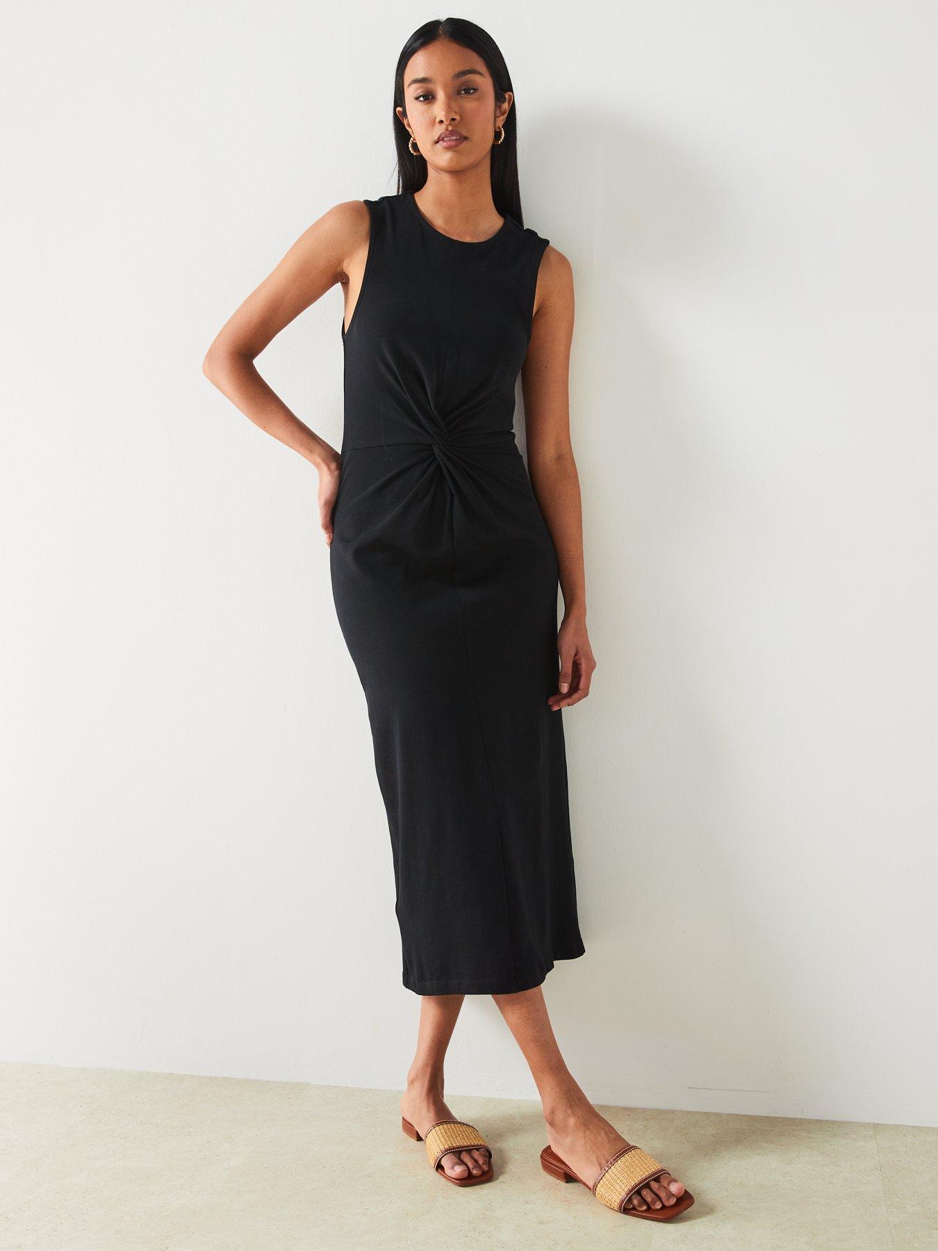 Black Rounded Neck Sleeveless Straight Design Midi Dress