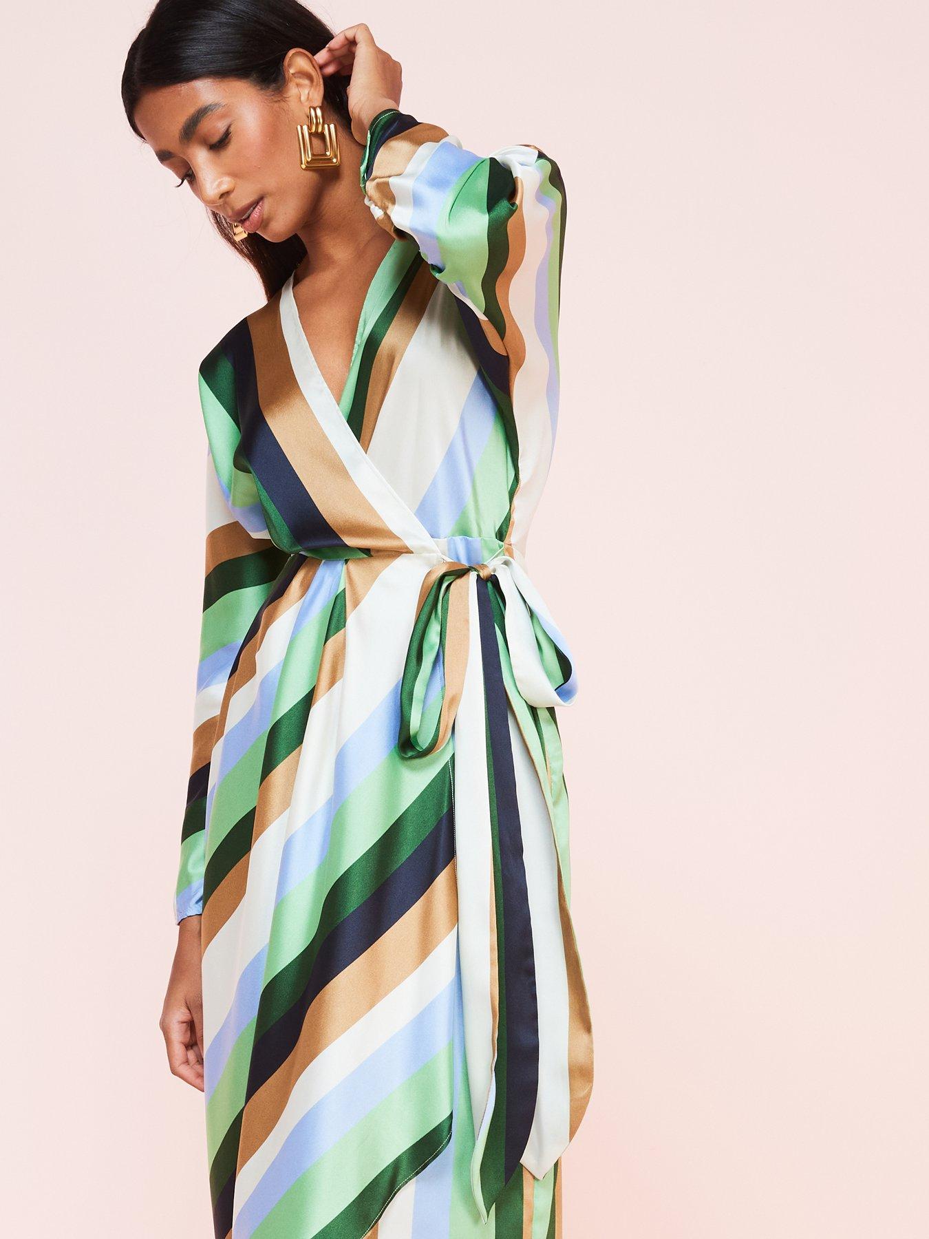 green emerald velvet dress Faith Knit Ribbed Striped Dress-Green L