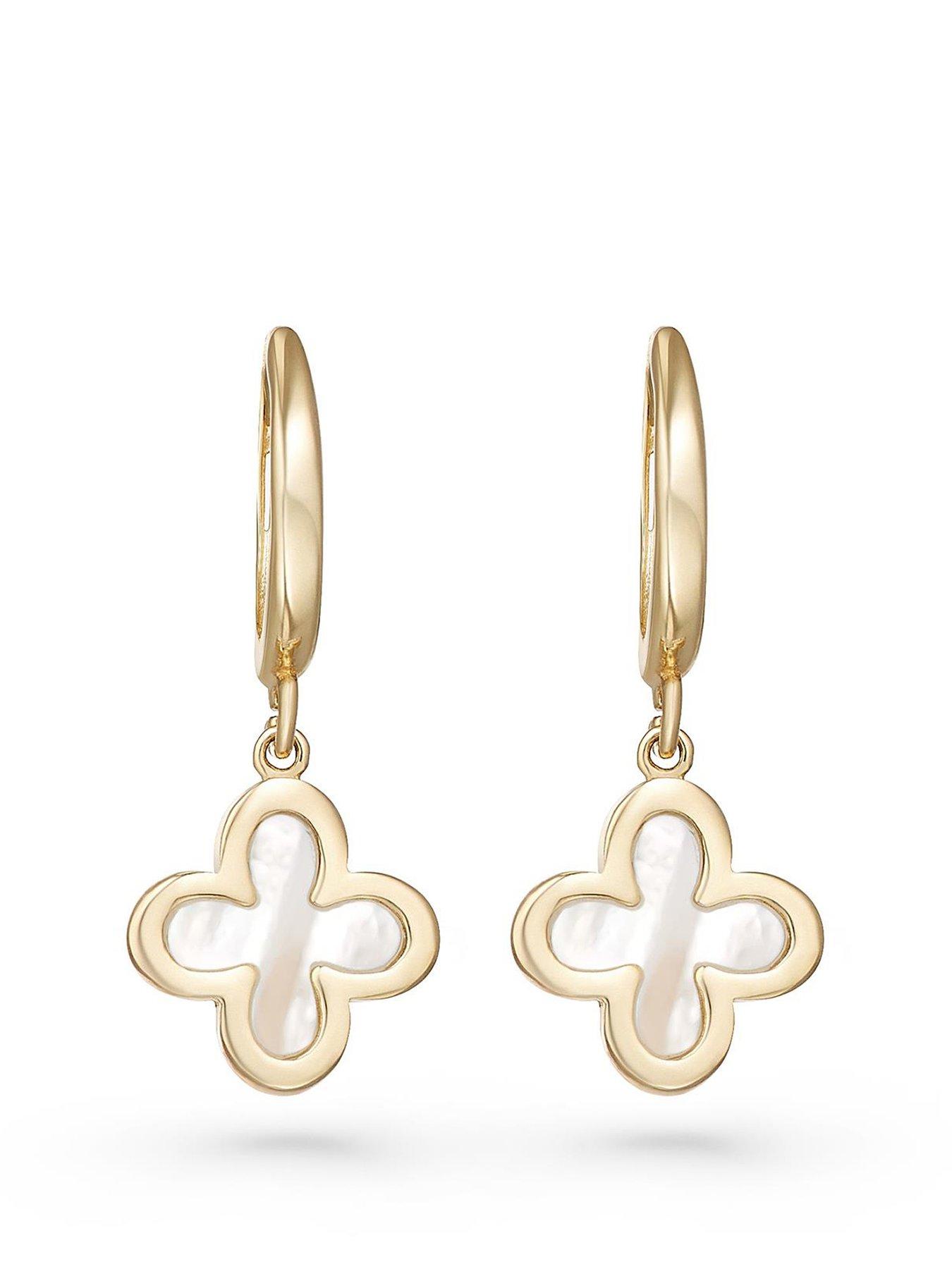 Beaverbrooks 9ct Yellow Gold Mother of Pearl Clover Hoop Earrings