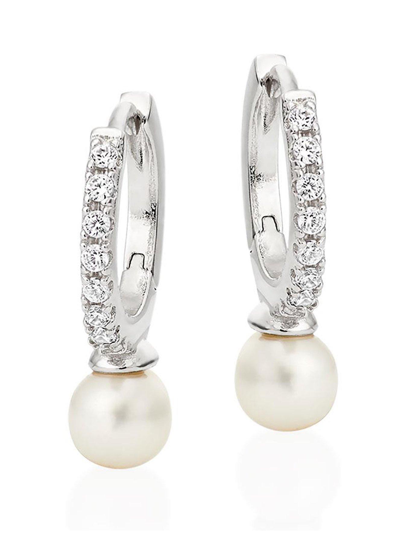Image of Beaverbrooks Silver Cubic Zirconia Freshwater Cultured Pearl Hoop Earrings