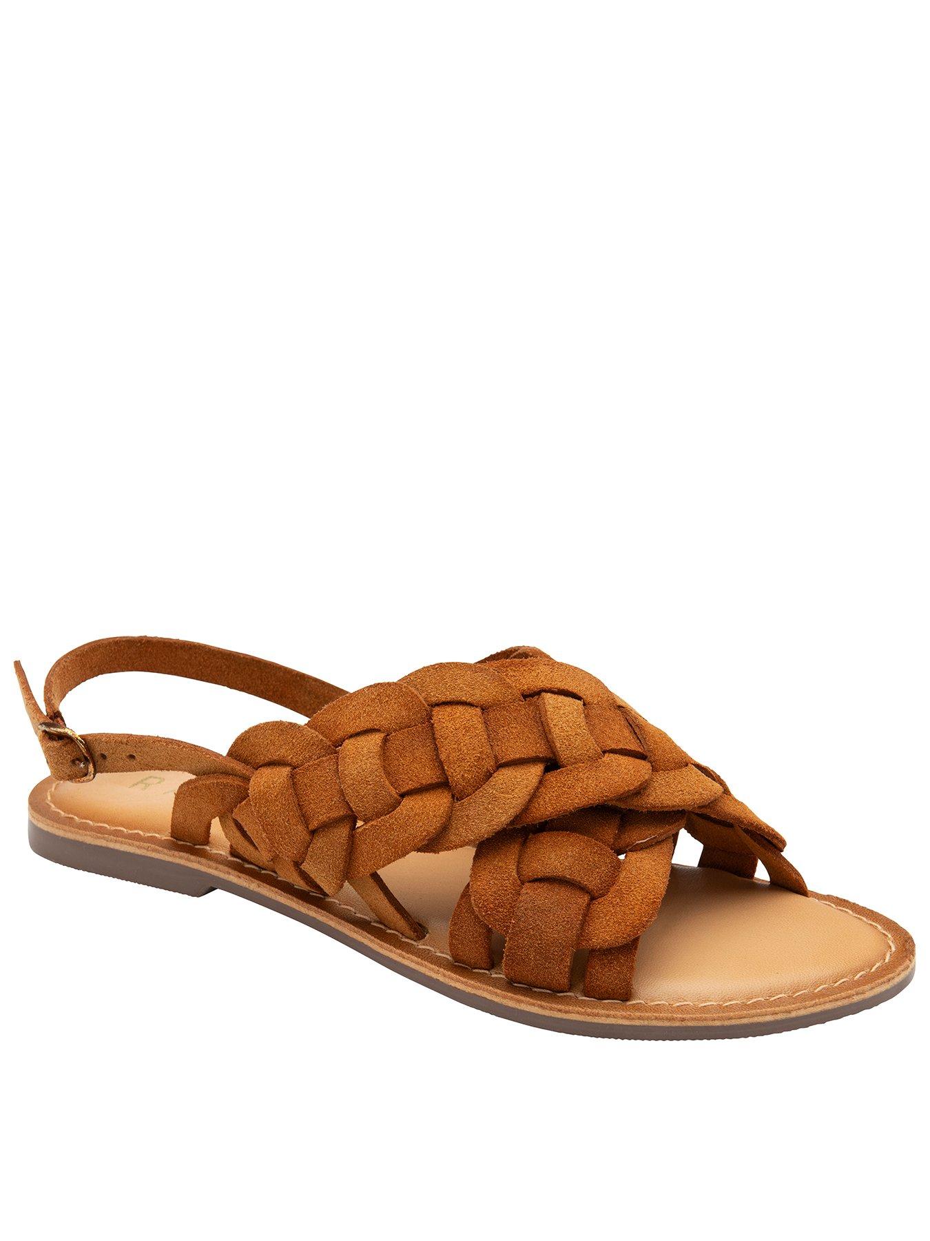 Perran Woven Front Leather Flat Sandals Tan