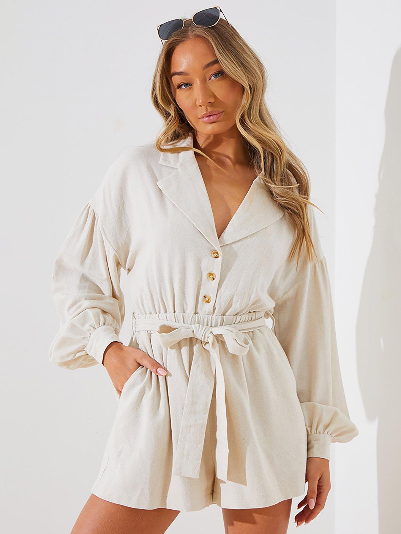 In The Style Perrie Sian Stone Linen Belted Playsuit Beige Uk 6616