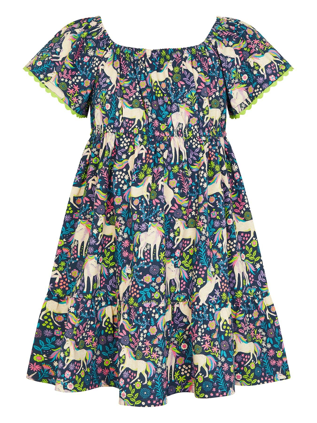 Girls Unicorn Print Dress Navy