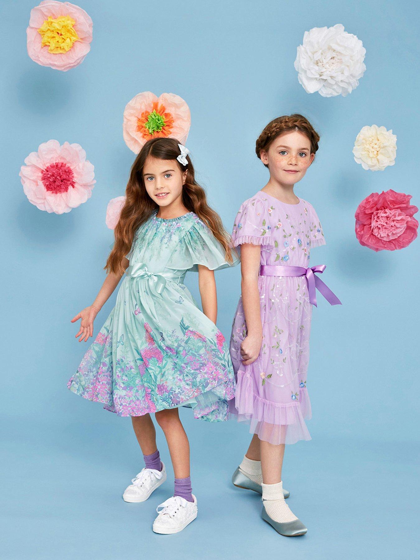 Monsoon Girls Tula Tulle Floral Embroidered Dress - Lilac | Very.co.uk