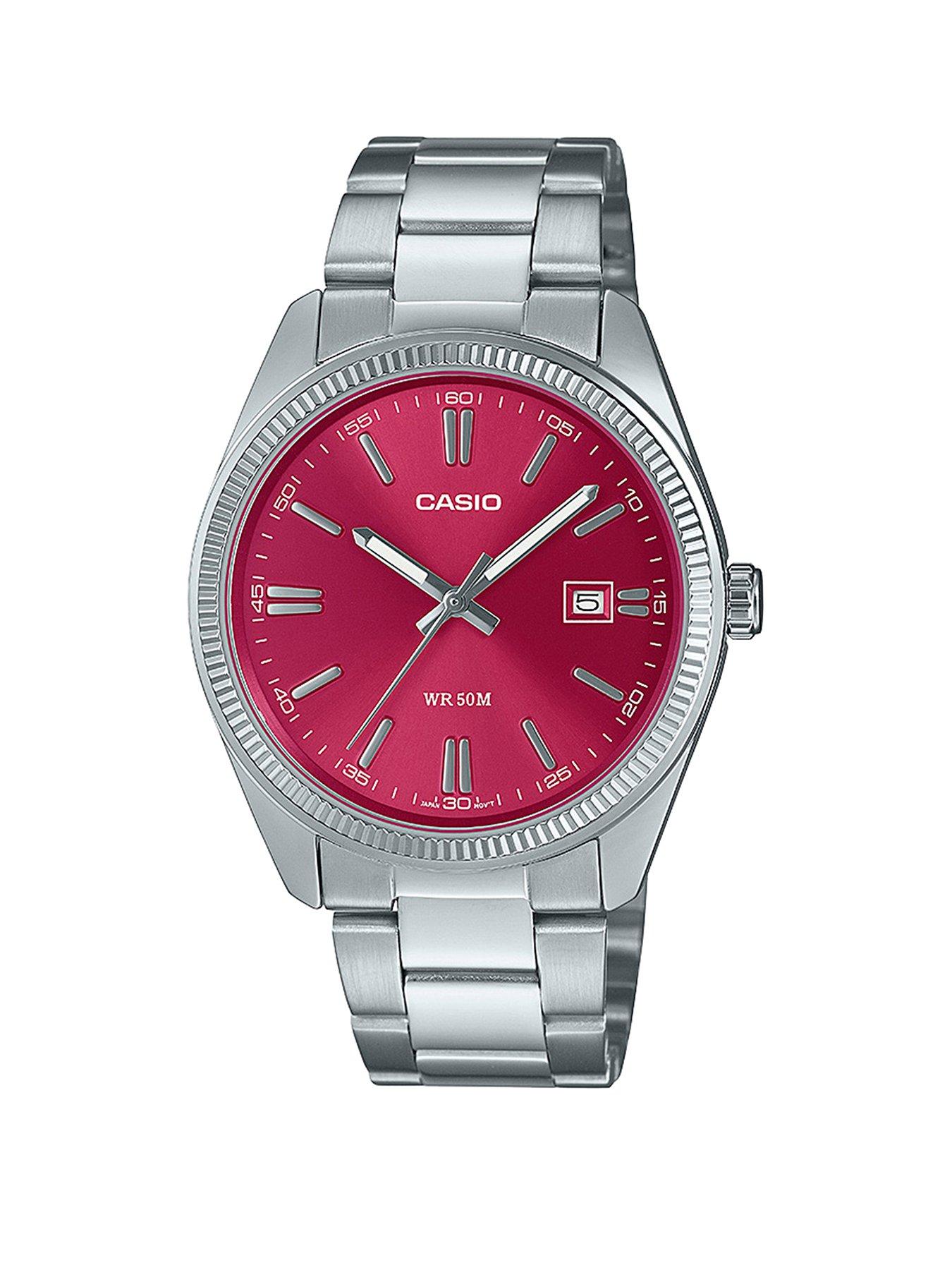 Product photograph of Casio Mtp-1302pd-4avef Stainless Steel Red Dial Bracelet Watch from very.co.uk
