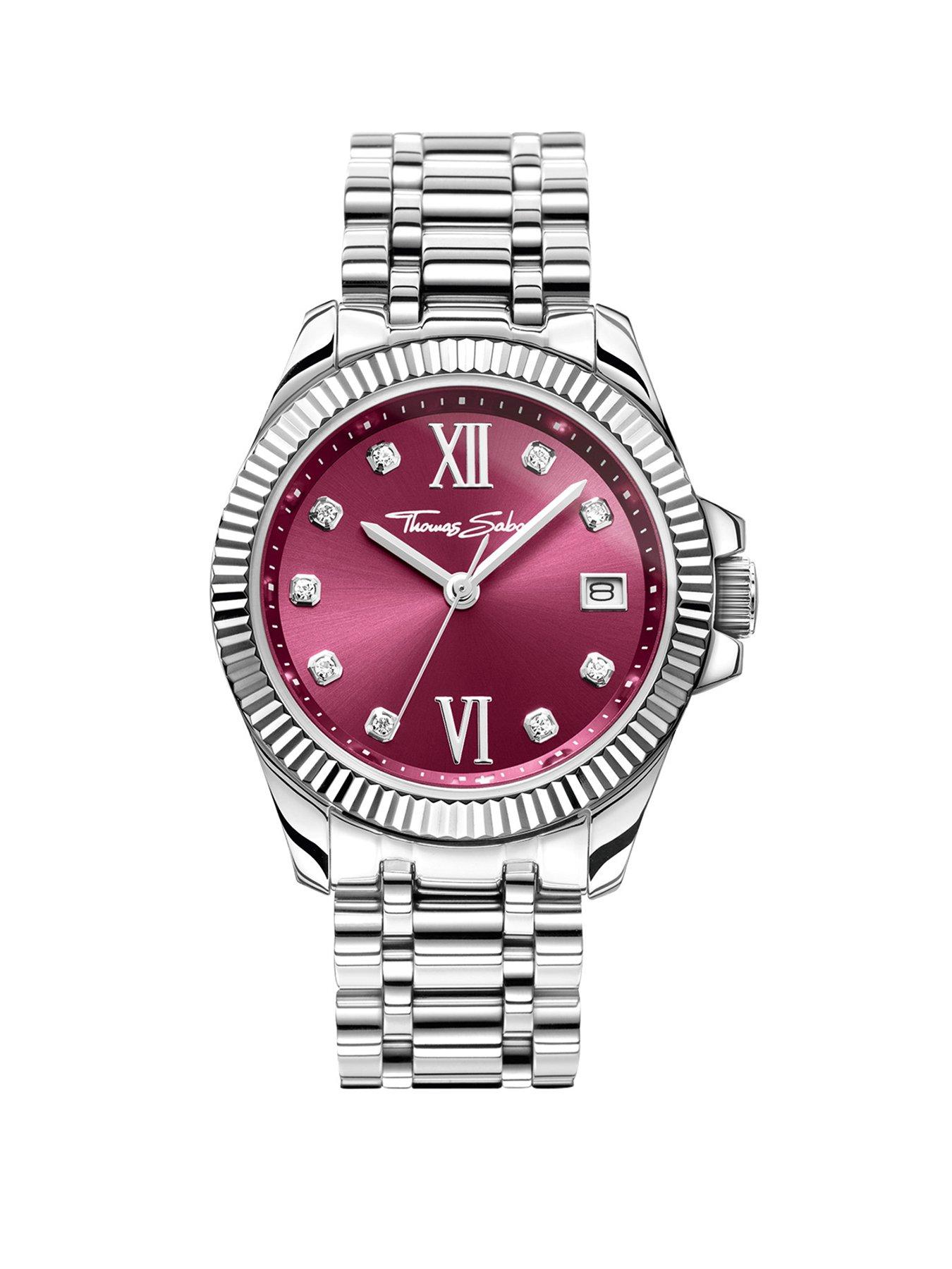 undefined Silver watch, burgundy dial, white stones. Sapphire glass, butterfly clasp, zirconia, 3 hands
