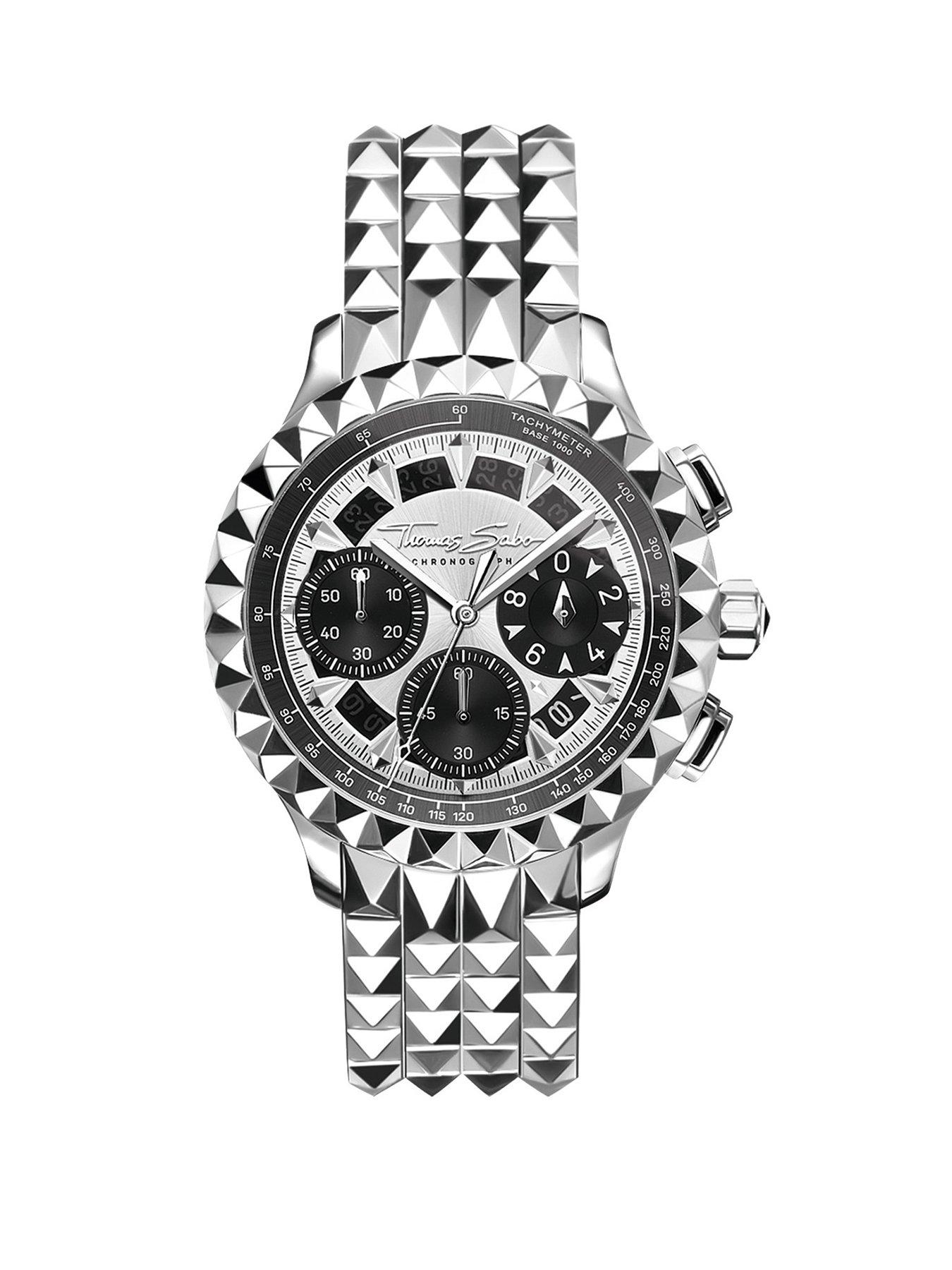 Product photograph of Thomas Sabo Rebel Black Chrono Pyramid Design Silver Band Black Dial Sapphire Glass Rivet Look Butterfly Clasp Stainless Steel from very.co.uk