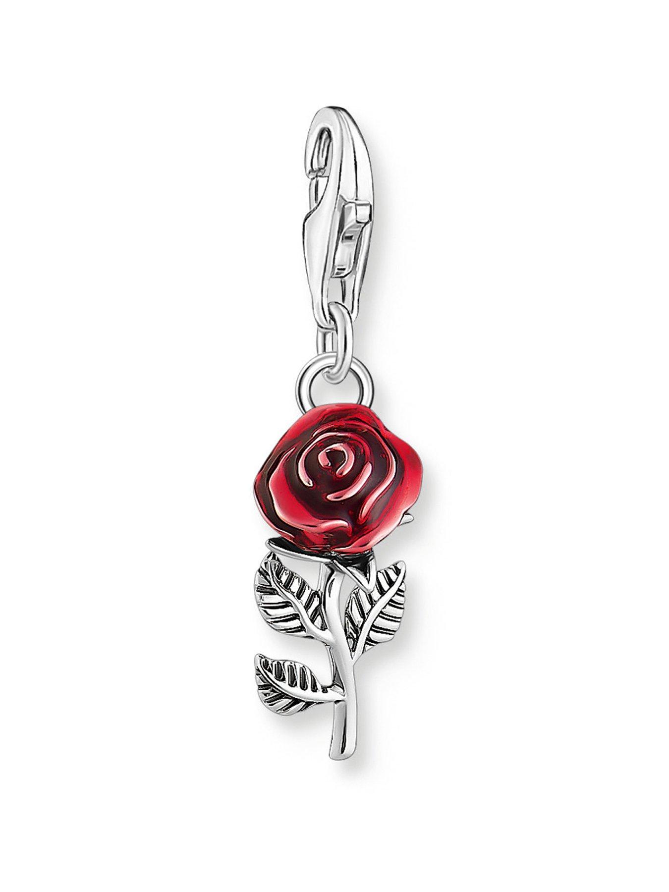 Thomas Sabo Rose Charm: 3D long-stemmed beauty, hand-painted red enamel, detailed design, perfect for Charm Club combos