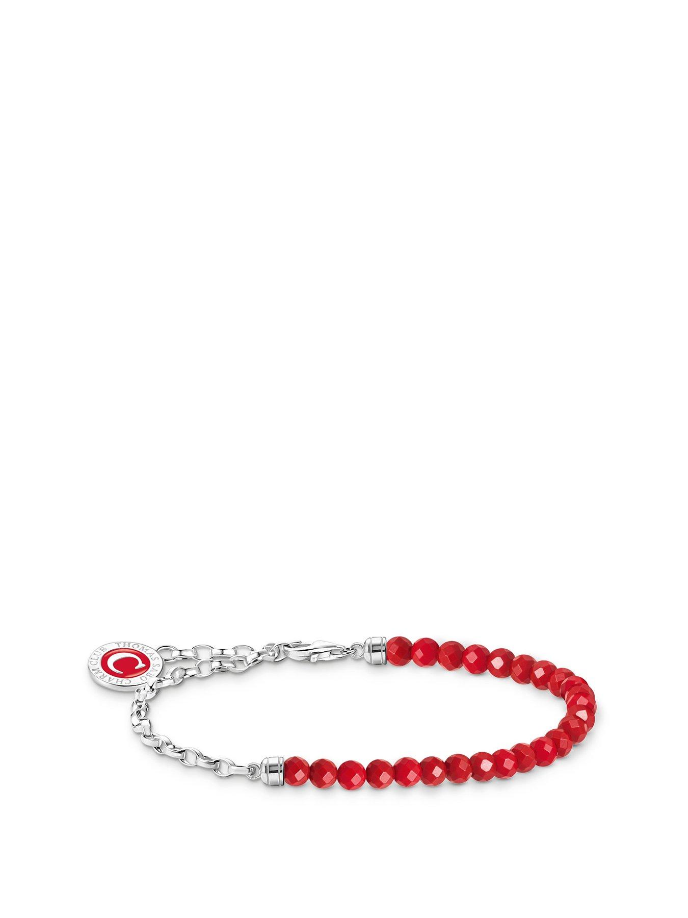 Product photograph of Thomas Sabo Charm Holder Link Bracelet With Red Coral Beads Engraved End Caps Engravable Charmista Coin In Red Enamel from very.co.uk