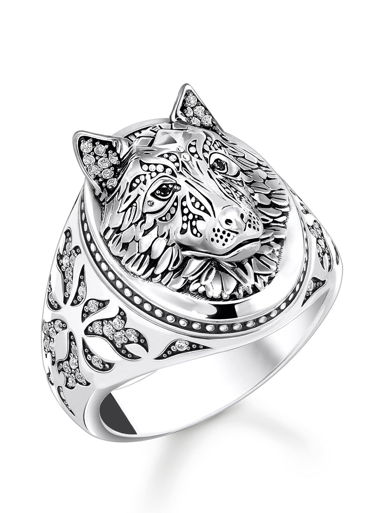 Product photograph of Thomas Sabo Rebel Wolf Signet Ring Statement Of Strength And Courage Detailed 3d Wolf Face Hand-set Stones In Silver Fur Lateral Fur Pattern from very.co.uk