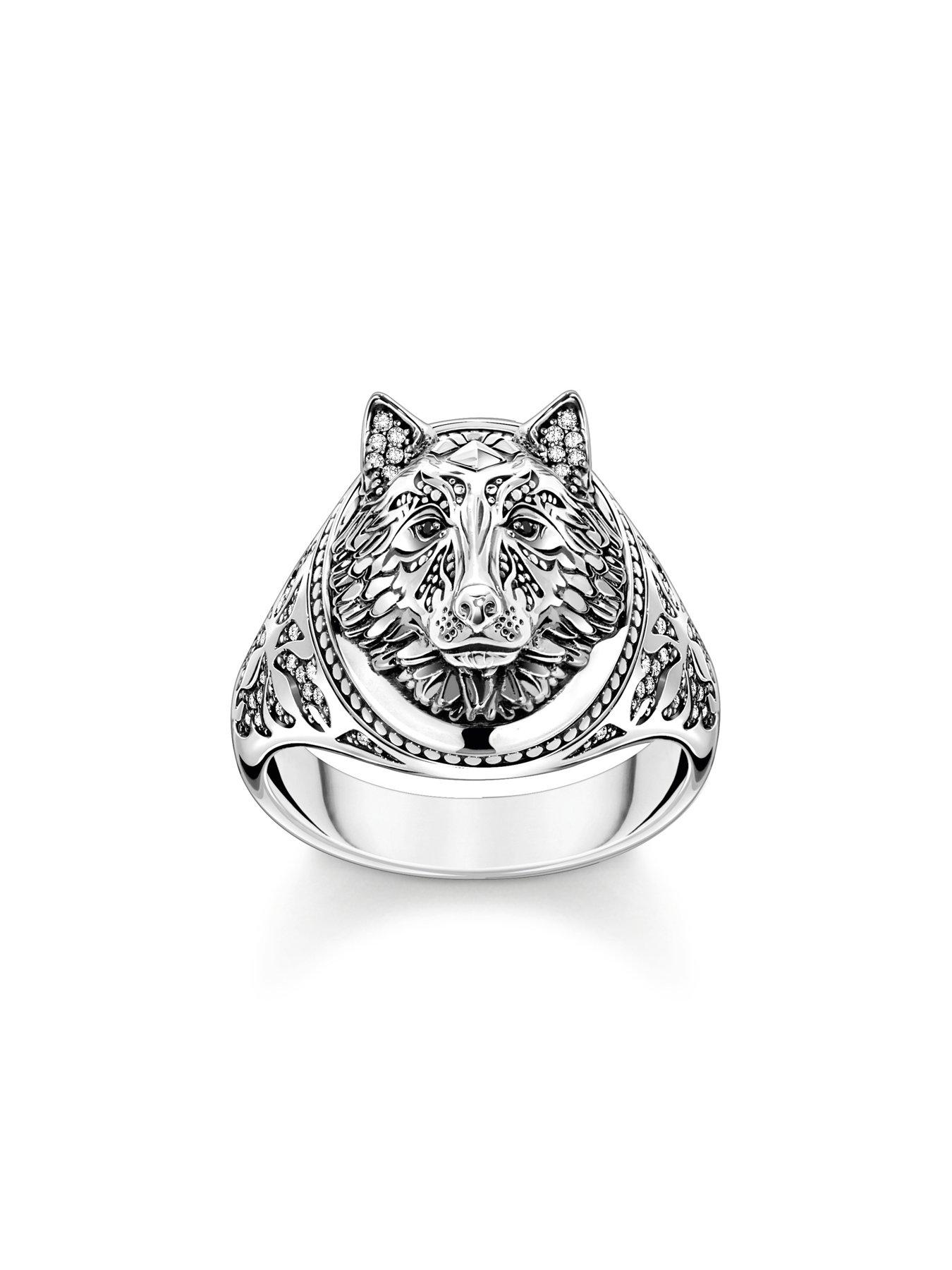 Image 2 of 5 of Thomas Sabo Rebel Wolf Signet Ring: Statement of strength and courage. Detailed 3D wolf face, hand-set stones in silver fur, lateral fur pattern