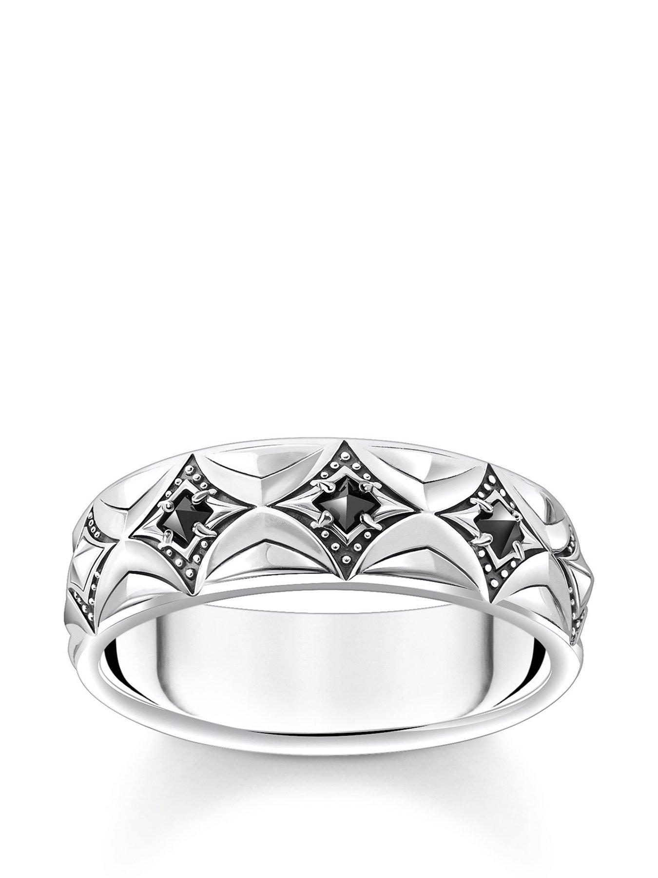 Product photograph of Thomas Sabo Rebel Wolf Ring Wide Layered All-round Design With Mystical Diamond-shaped Tips Graphic Pattern Symbolic Number 4 Stones from very.co.uk
