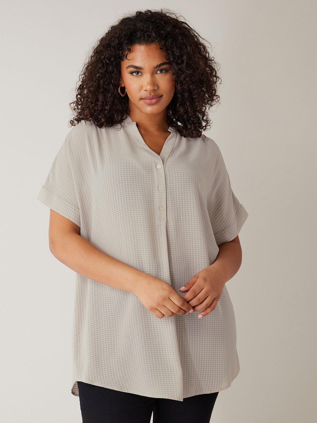 Image 1 of 4 of Evans Half Placket Short Sleeve Blouse - Natural