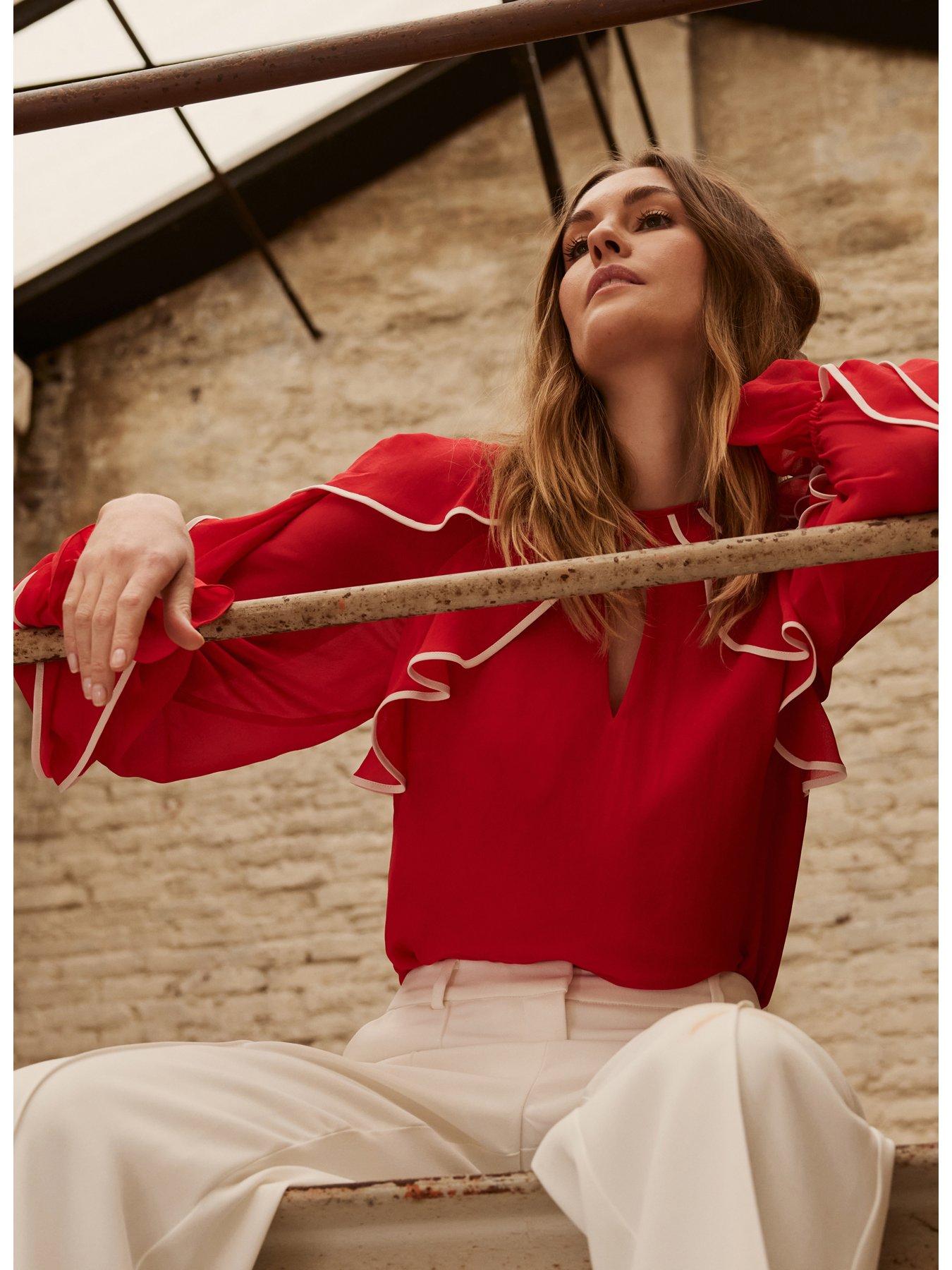 Red Contrast Ruffle Blouse