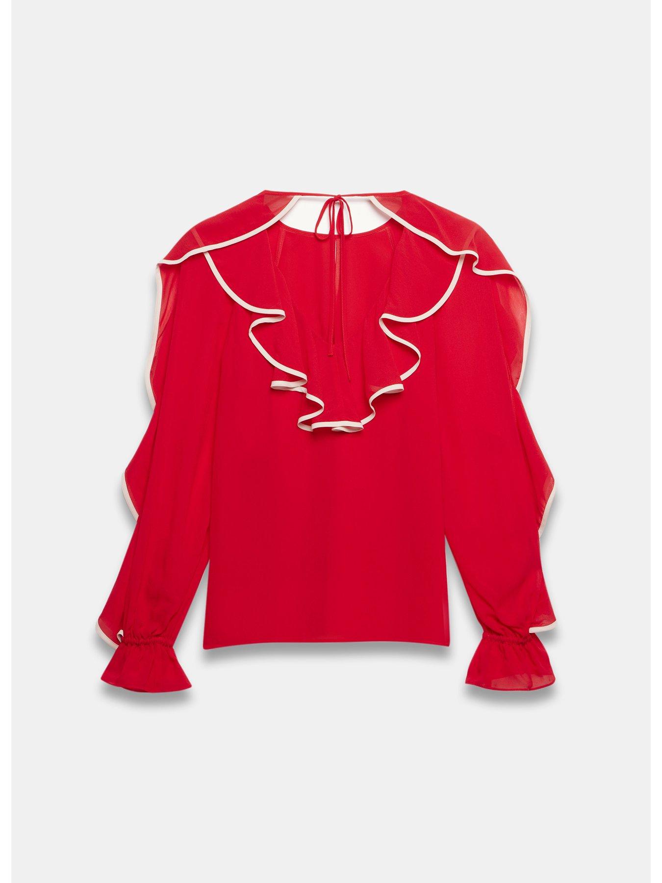 Red Contrast Ruffle Blouse