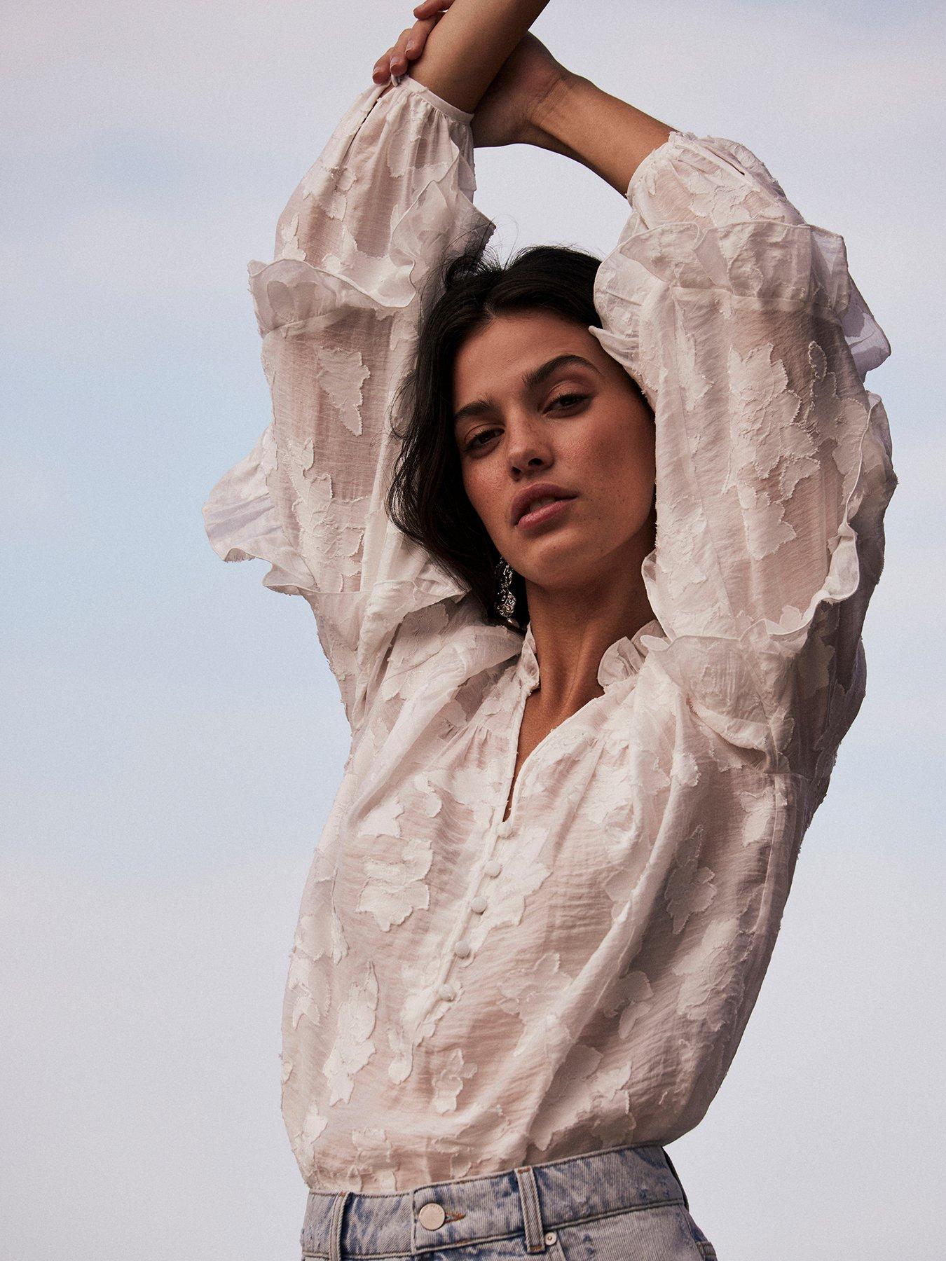 Image 4 of 6 of Mint Velvet White Jacquard Ruffle Blouse