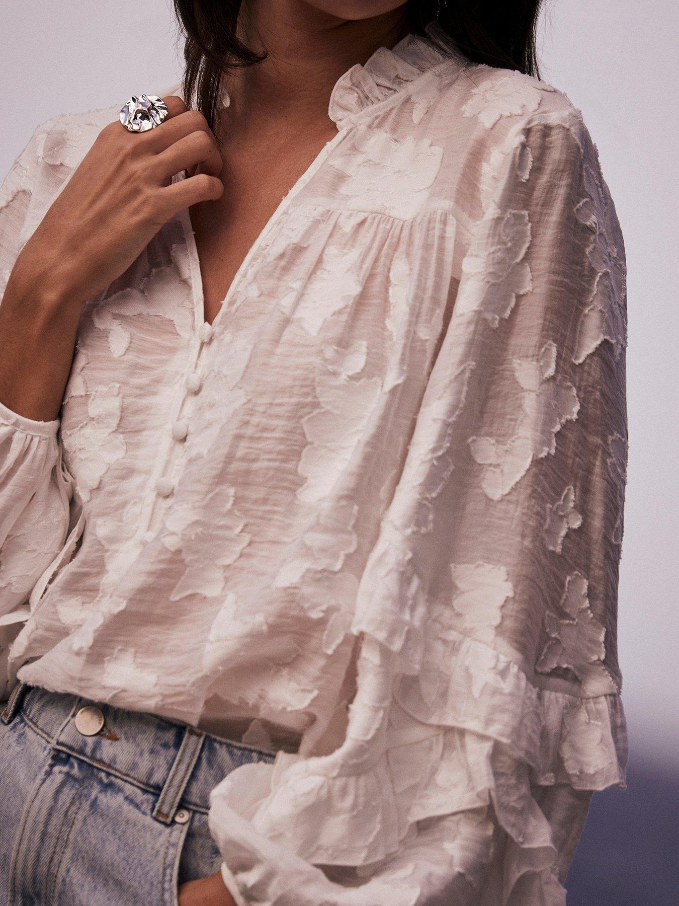 Image 5 of 6 of Mint Velvet White Jacquard Ruffle Blouse