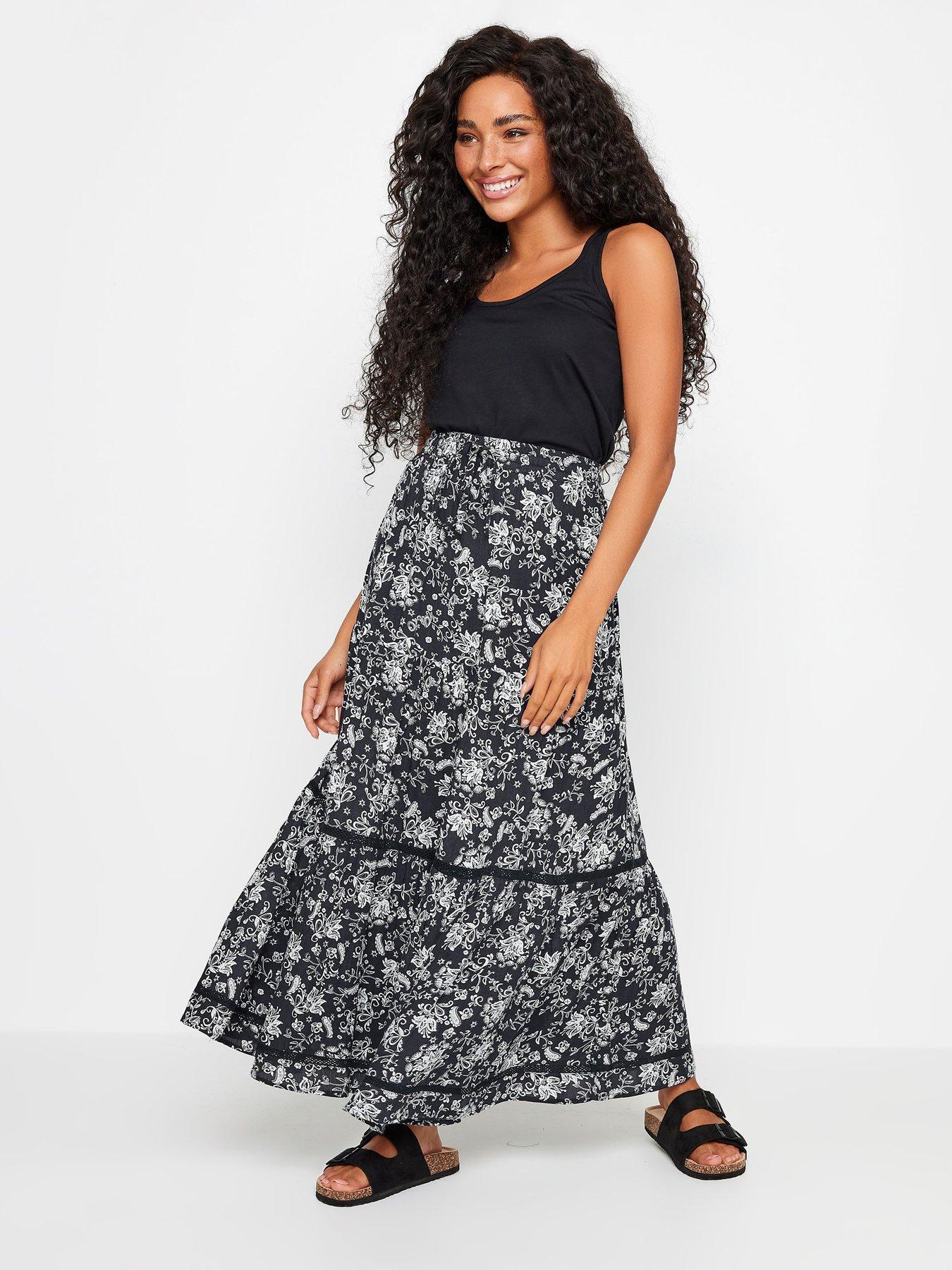 Petite Navy And White Damask Print Tiered Maxi Skirt