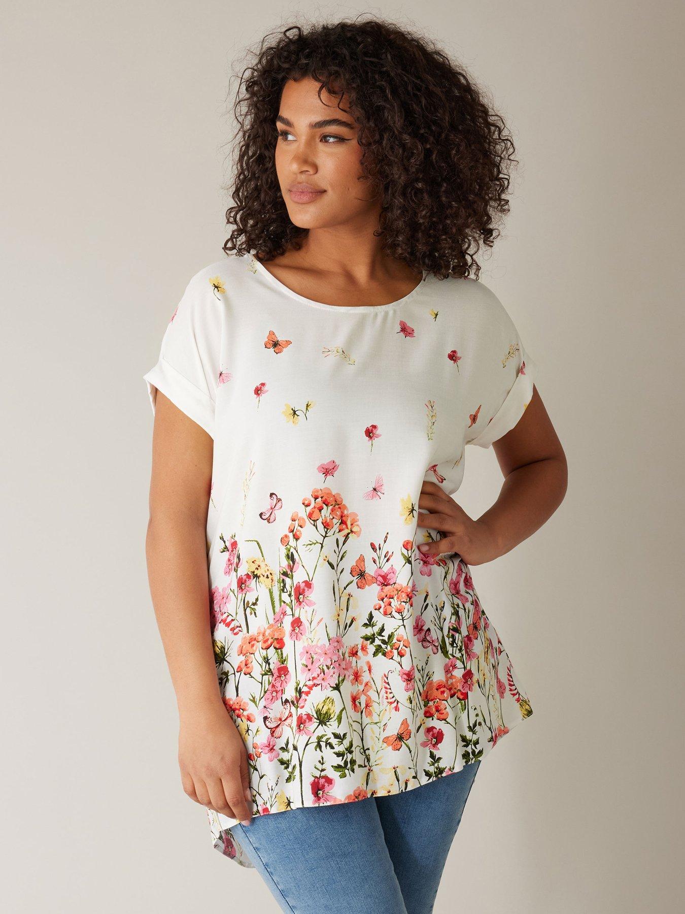 Image of Evans Round Neck Short Sleeve Blouse Border - White