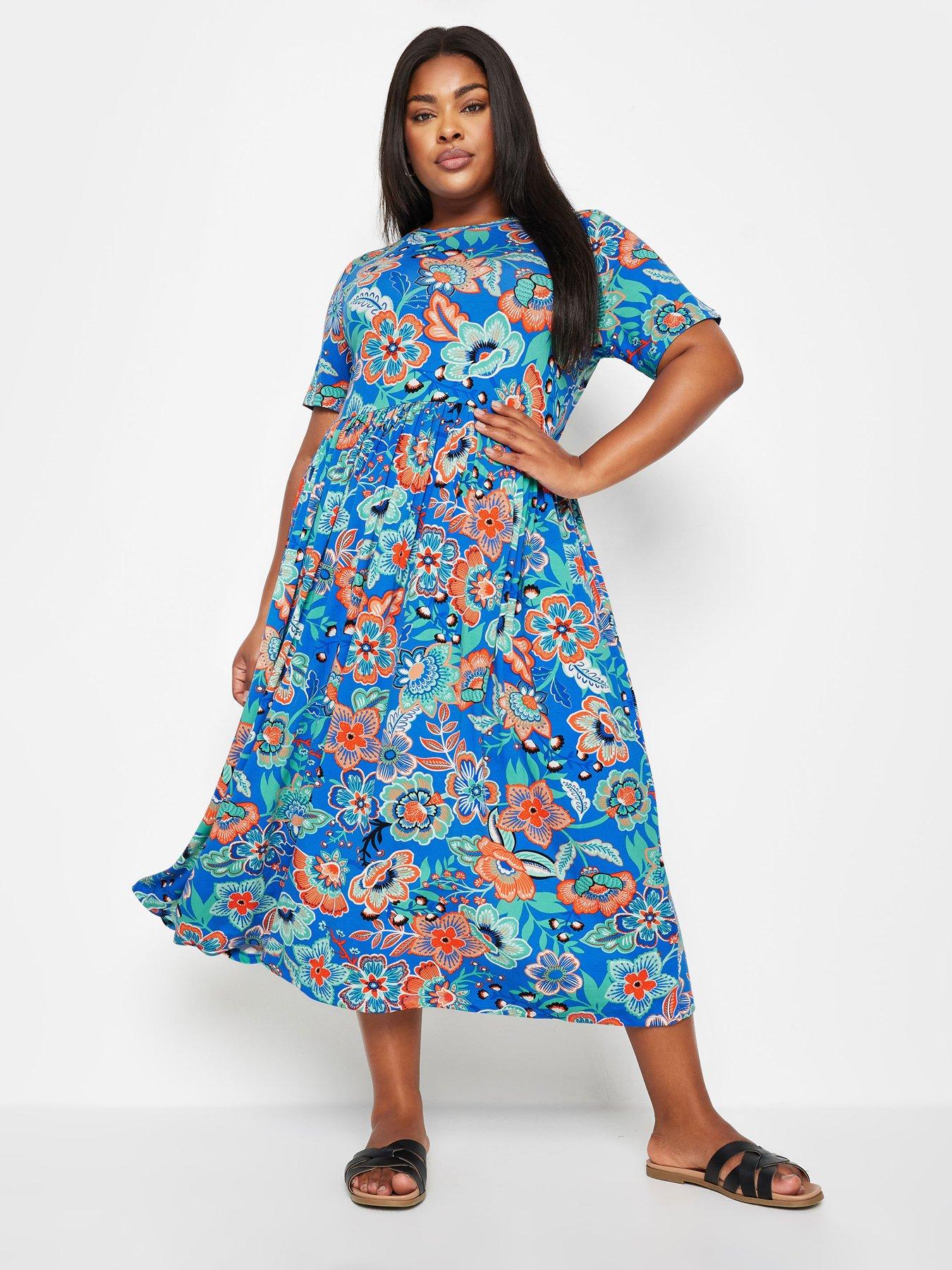 Yours Curve Throw On Smock Dress Blue Summer Block Floral Very