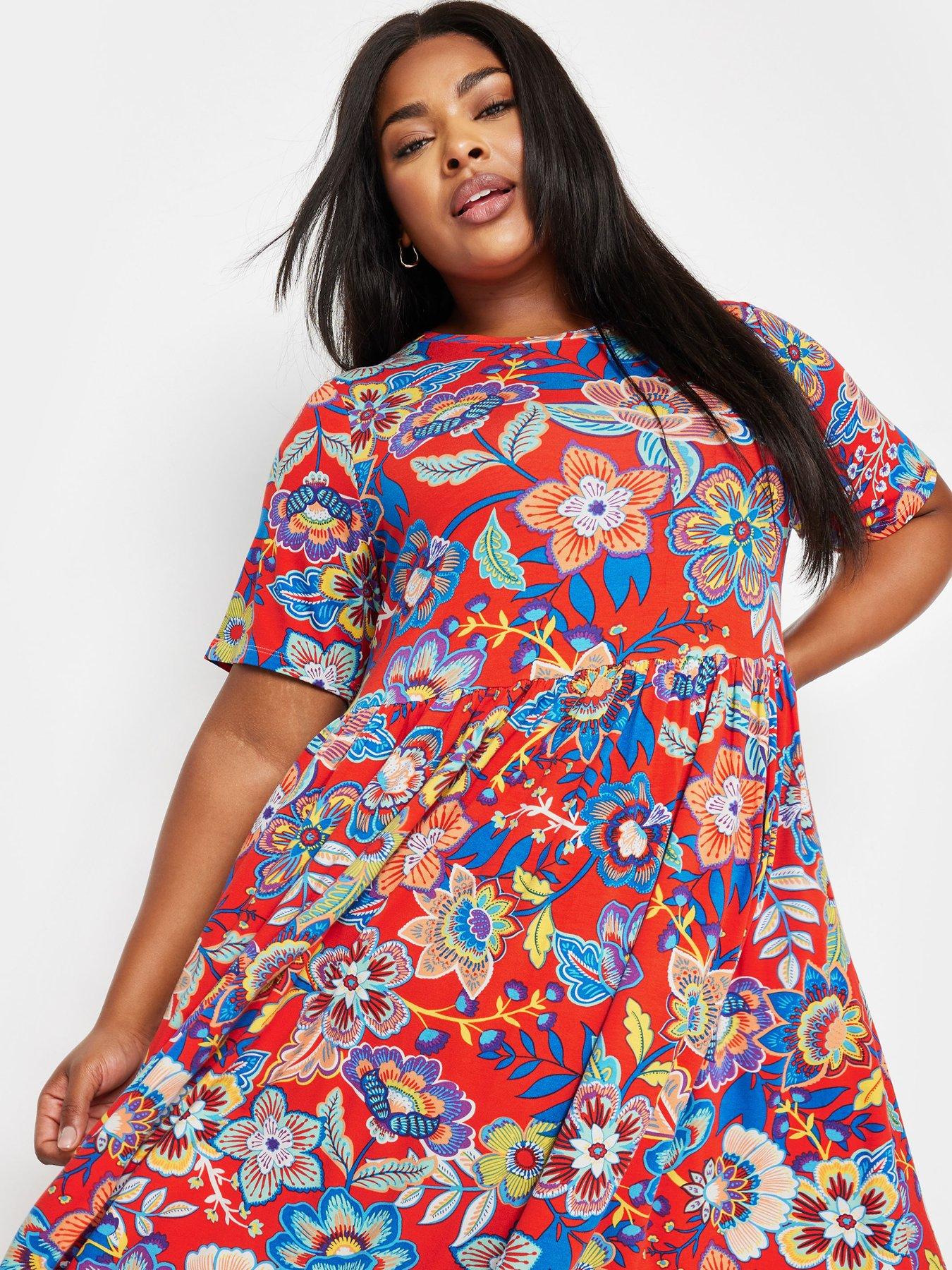 Yours Curve Throw On Smock Block Floral Dress - Red | Very.co.uk