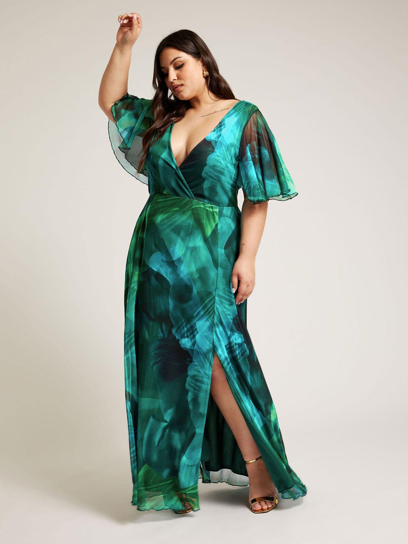 Yours Curve Abstract Wrap Angel Sleeve Mesh Maxi Dress Green Very