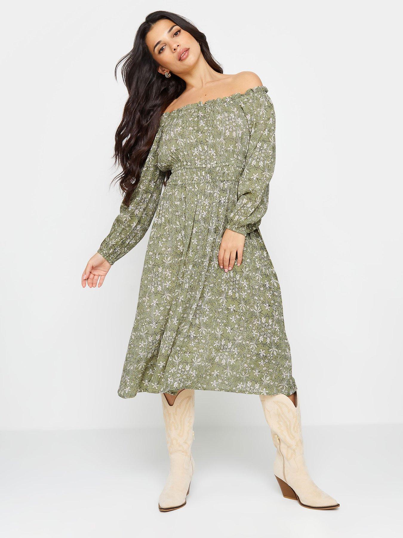 Image 1 of 4 of PixieGirl Petite Ditsy Long Sleeve Border Midi Dress - Green