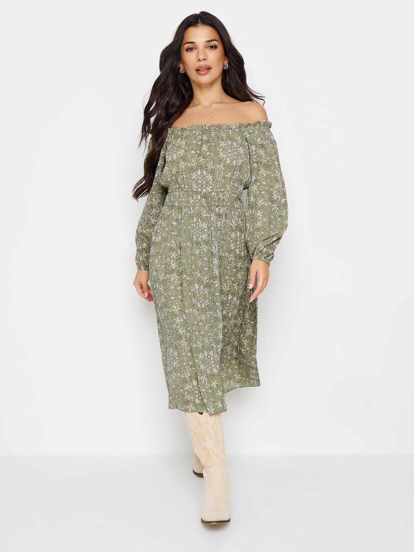 Image 3 of 4 of PixieGirl Petite Ditsy Long Sleeve Border Midi Dress - Green