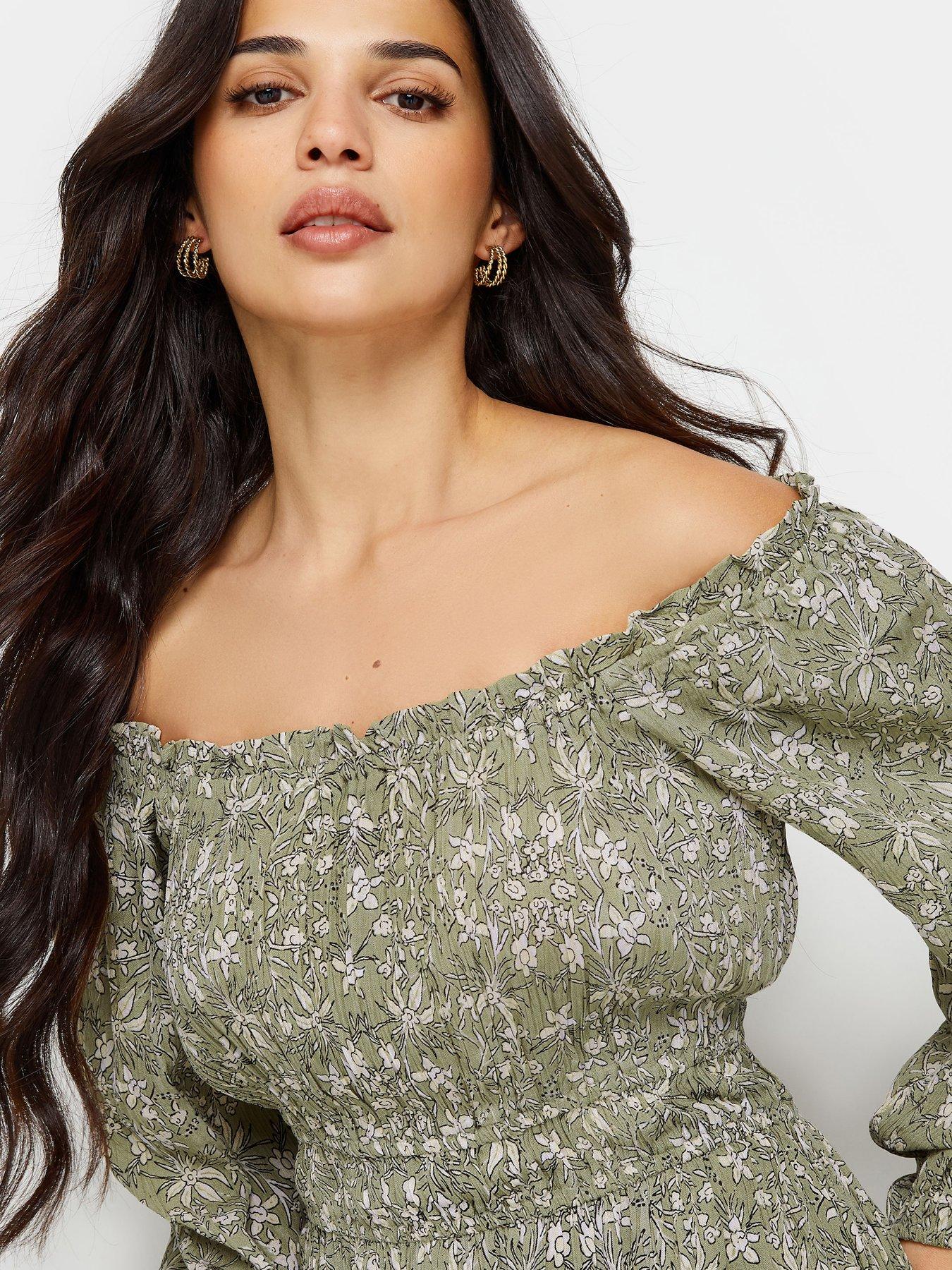 Image 4 of 4 of PixieGirl Petite Ditsy Long Sleeve Border Midi Dress - Green