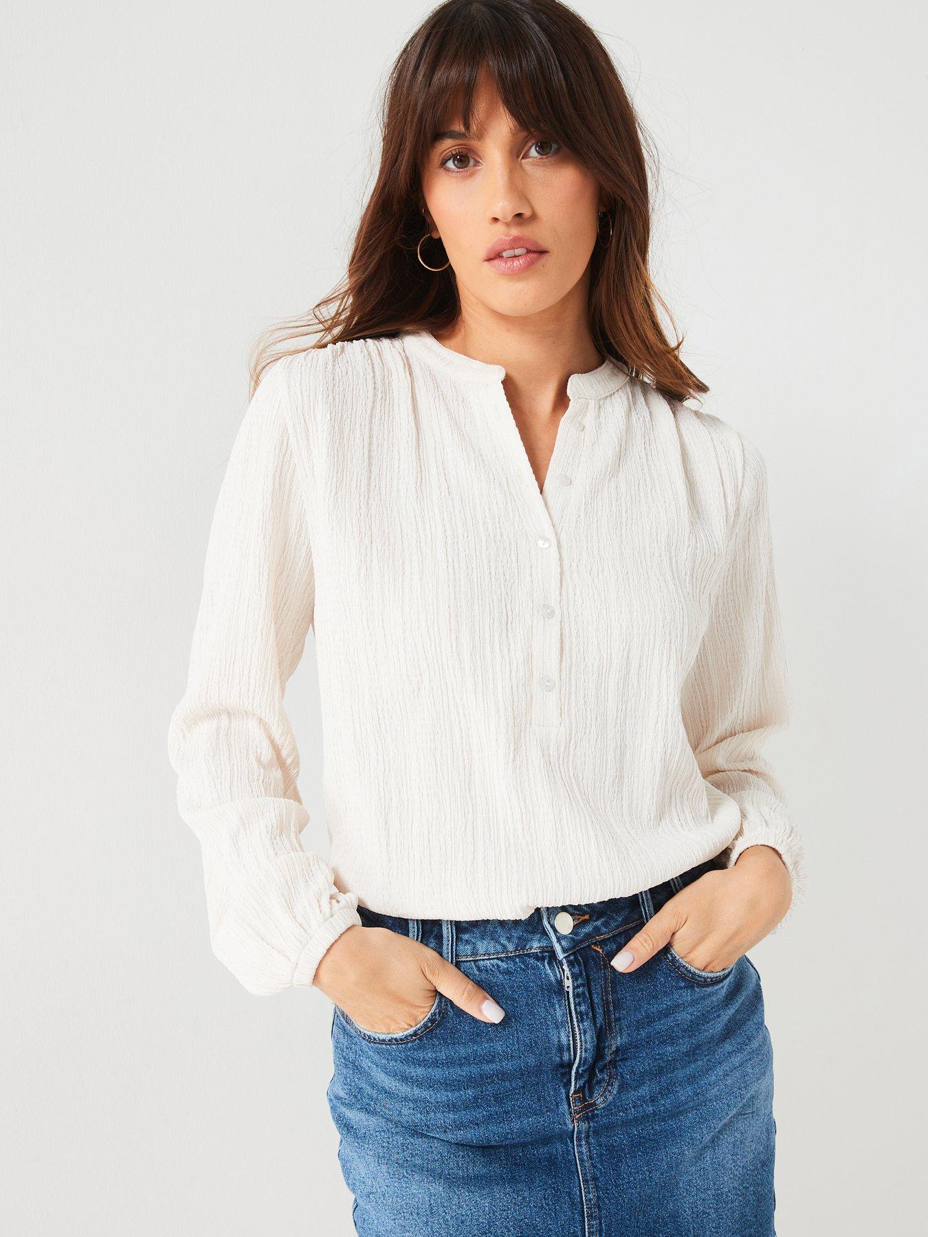 Everyday Notch Neck Bubble Hem Long Sleeve Top Cream