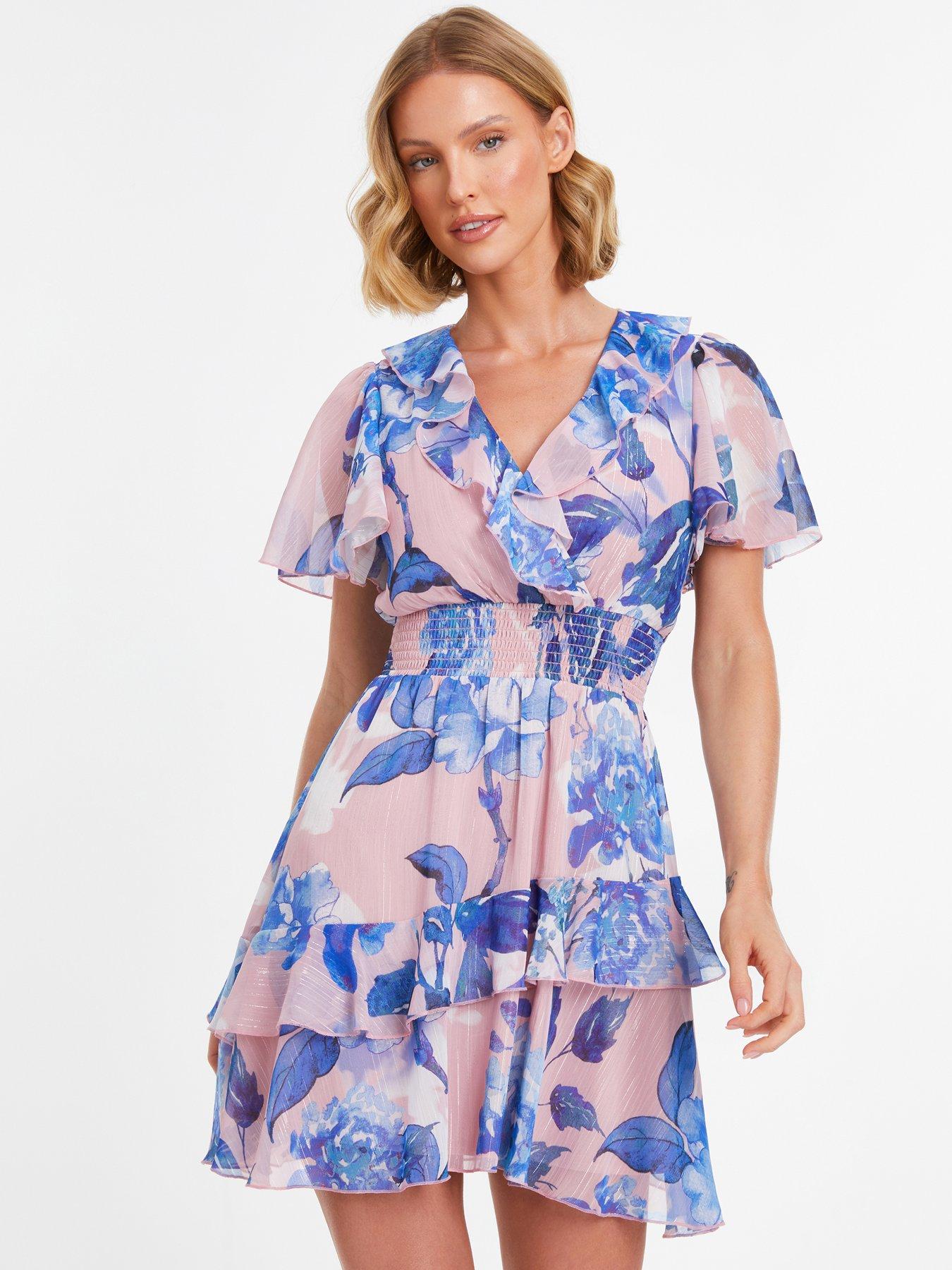 Quiz Blue Chiffon Floral Tiered Skater Mini Dress | Very.co.uk