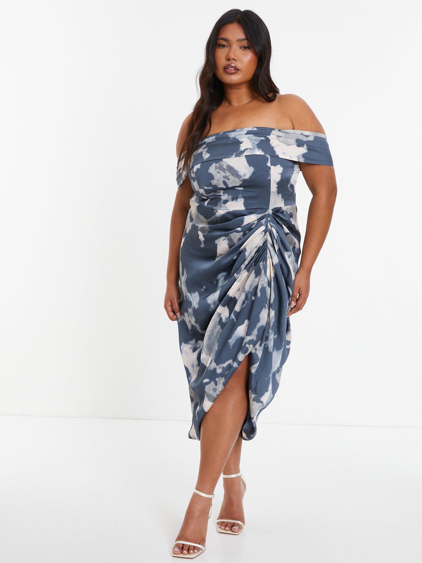 Quiz Curve Grey Smudge Print Bardot Midi Dress | very.co.uk