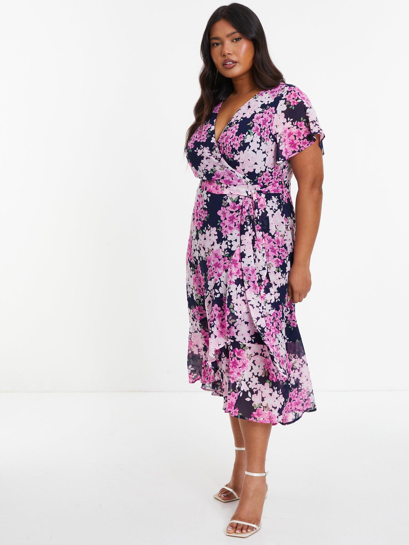 Quiz Curve Pink Floral Frill Wrap Midi Dress Very
